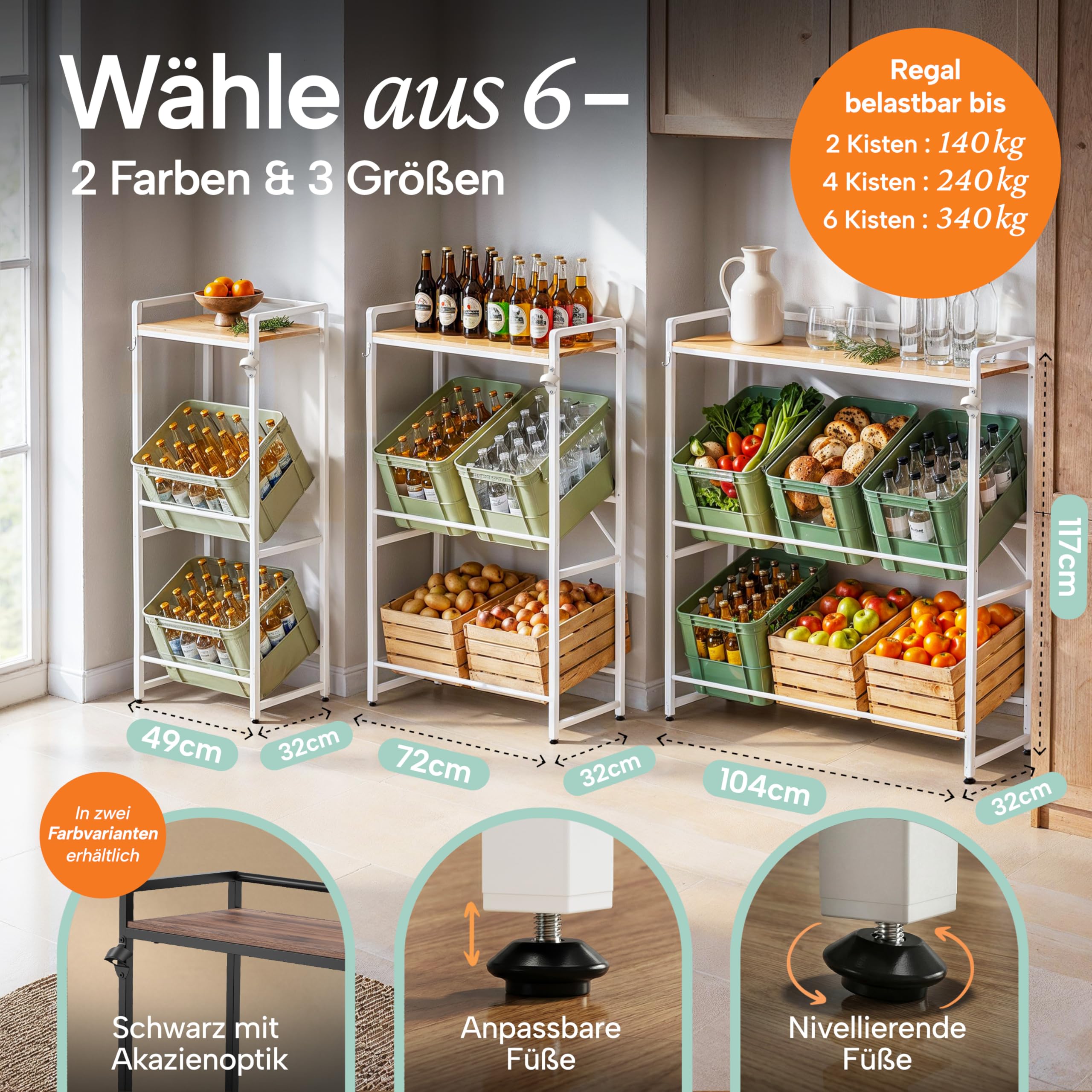 Blumtal Getränkekistenregal 6 Kisten mit Ablage Holzoptik - Kistenregal/Getränkeregal + integriertem Flaschenöffner & Haken - Getränkekistenhalter mit Belastbarkeit bis 150 kg pro Ebene in Weiß