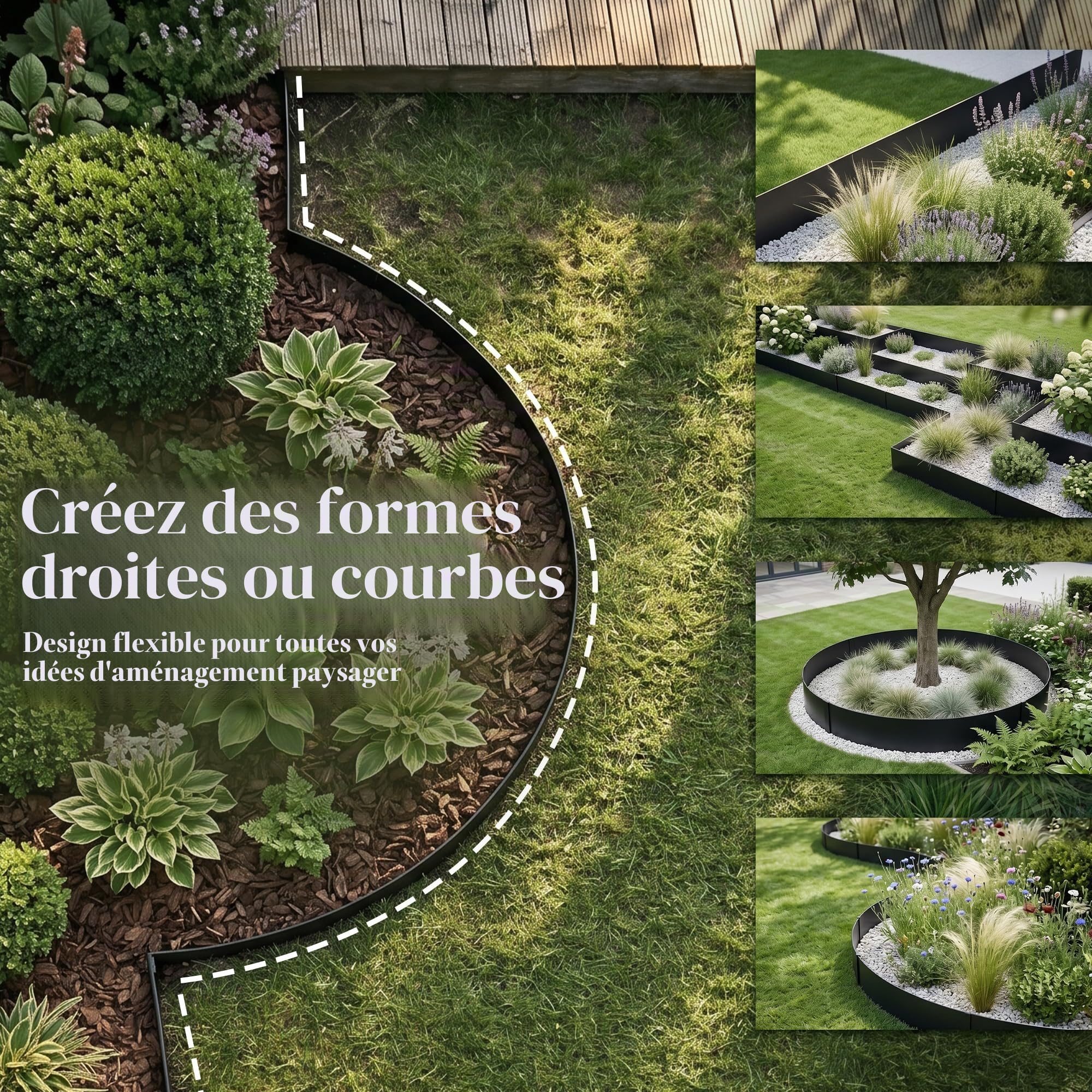 Lot de 6 bordures de pelouse galvanisées 6m L x 11,43cm H avec revêtement en poudre noire en acier pour paysage - Bordure décorative en métal de 14 jauges à enfoncer au marteau