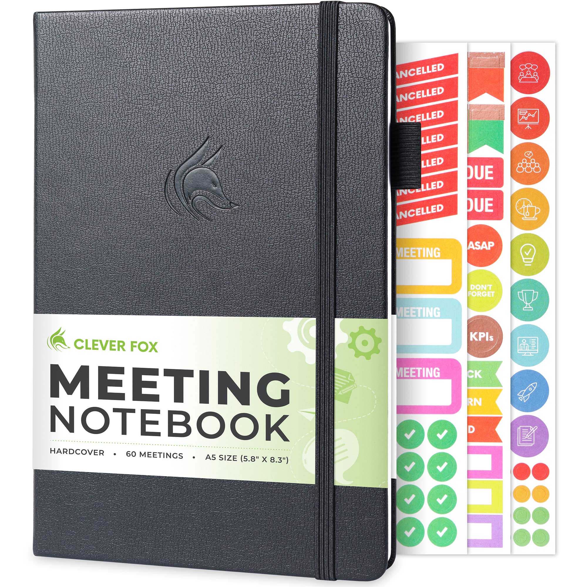 Clever FoxMeeting Notebook – Work & Business Meeting Organizer for Meeting Agenda, Notes & Action Items – Notepad for Project Management & Meetings – Undated, Hardcover, A5, 5.8x8.3″ - Black