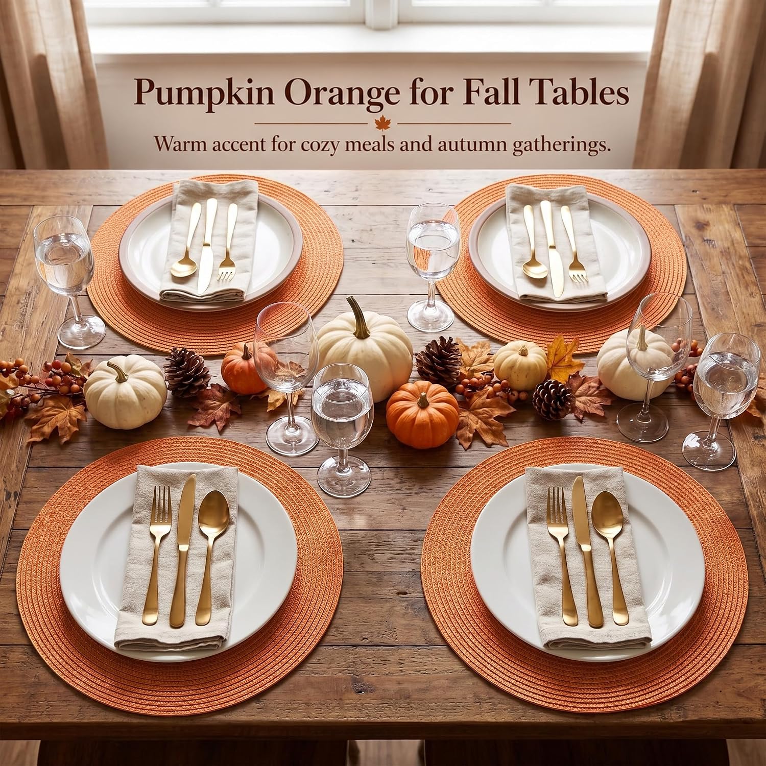 FunWheat Round Braided Placemats Set of 6 Table Mats for Dining Tables Woven Washable Non-Slip Place mats 15 Inch for Fall Decoration(Pumpkin Orange)