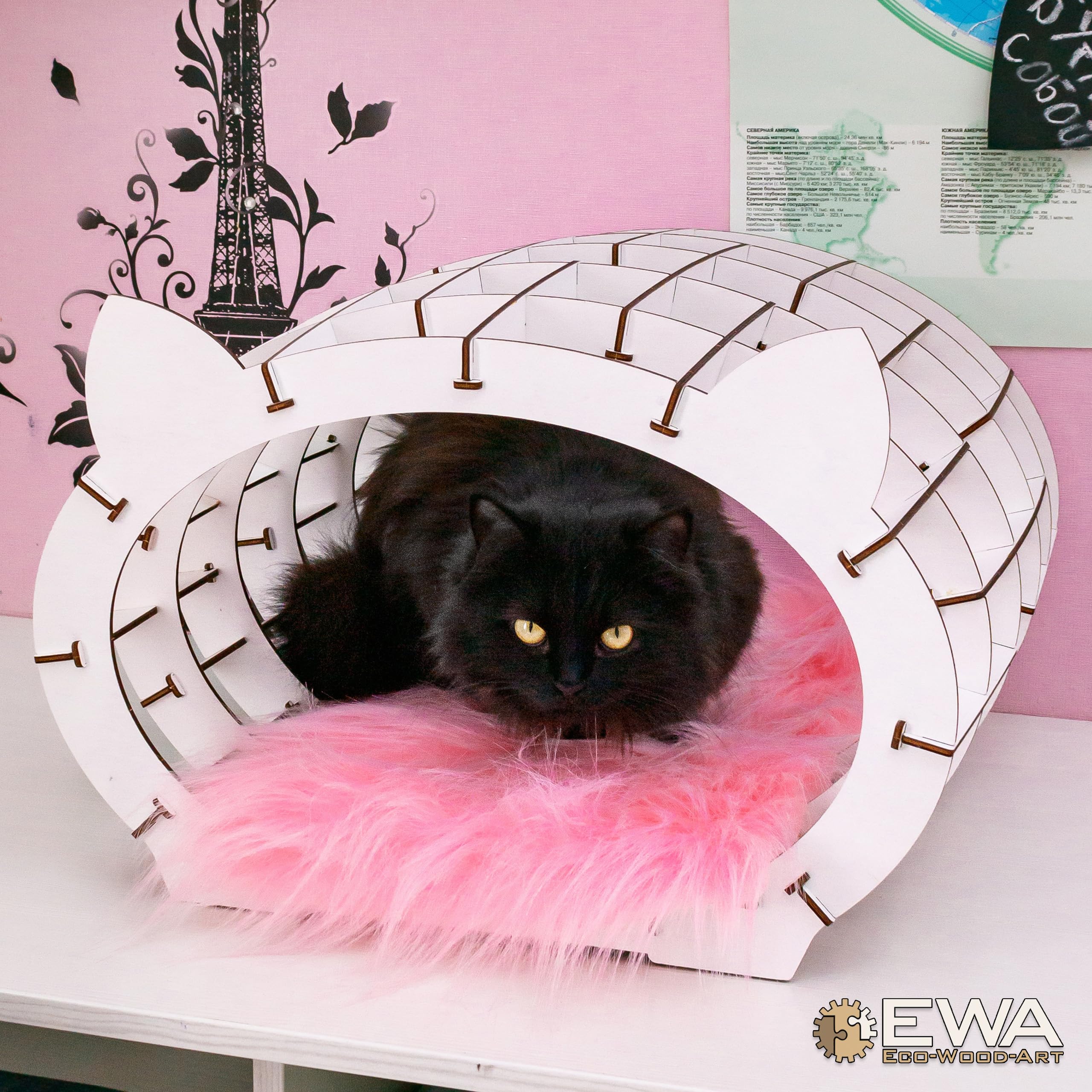 EWA Eco-Wood-Art - Cat's House (Wooden House+White Fur)- Puzzle 3D en Bois - Casse-tête pour Adultes et Adolescents -à Monter soi-même sans Colle- 152 pièces