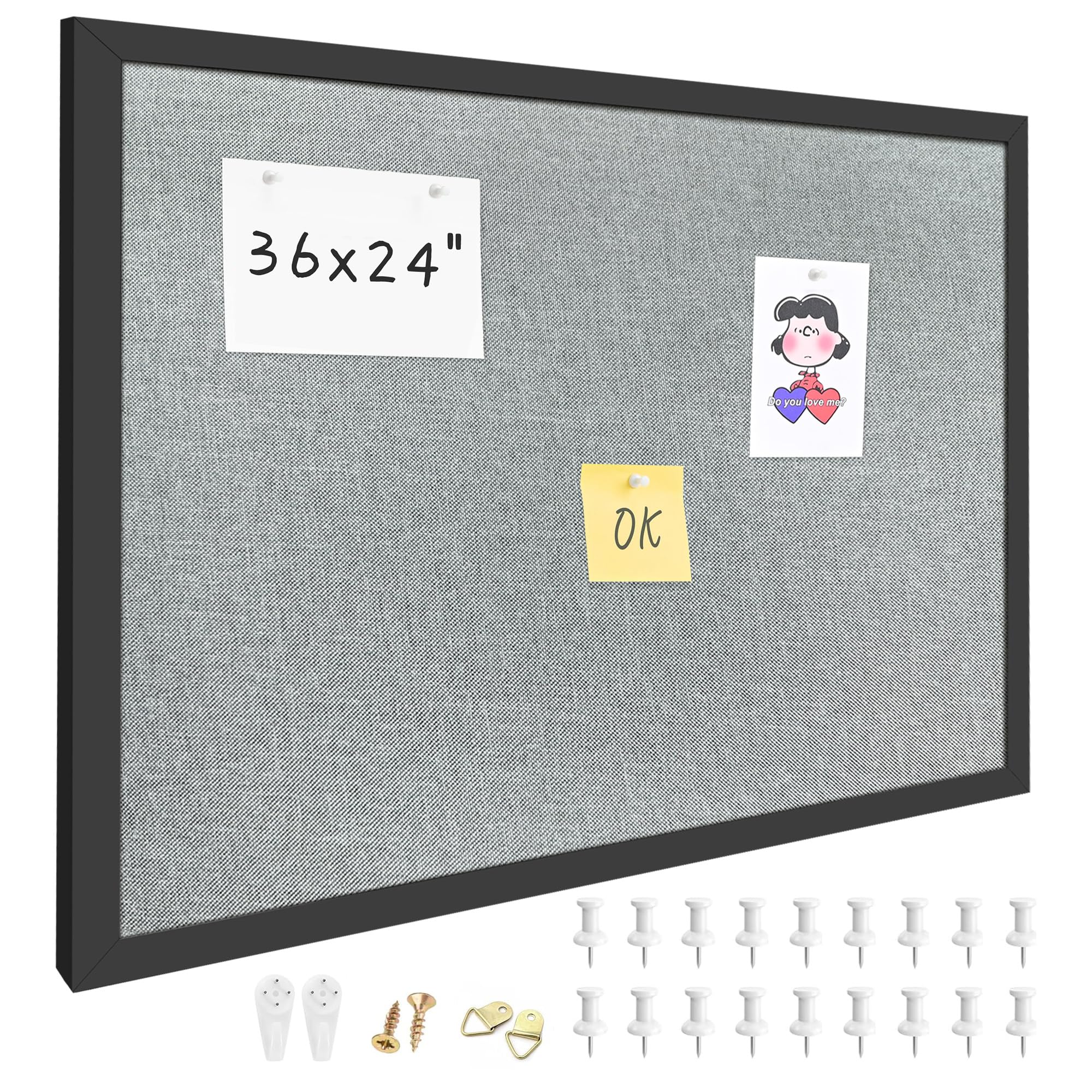 36"x24" Black Framed Grey Linen Bulletin Board, Pin Board