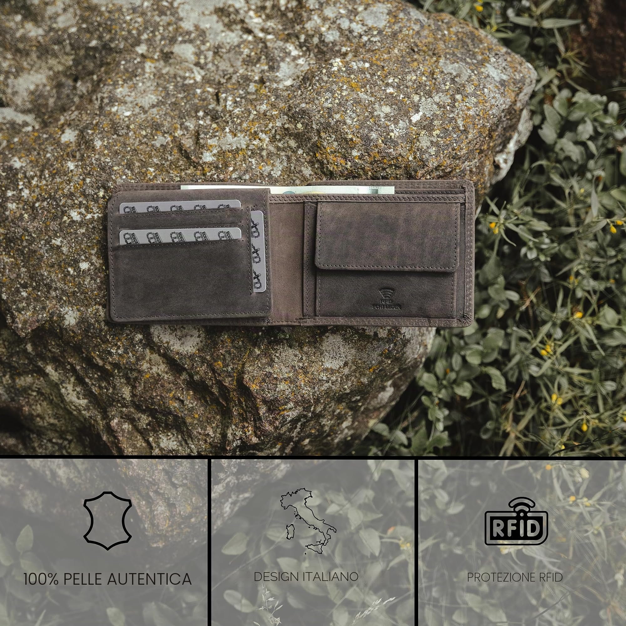 Baur portafoglio da uomo – vera pelle di bufalo con protezione RFID – portafoglio classico orizzontale con 7 scomparti carte e scomparto monete (Formato orizzontale grande, Grigio)