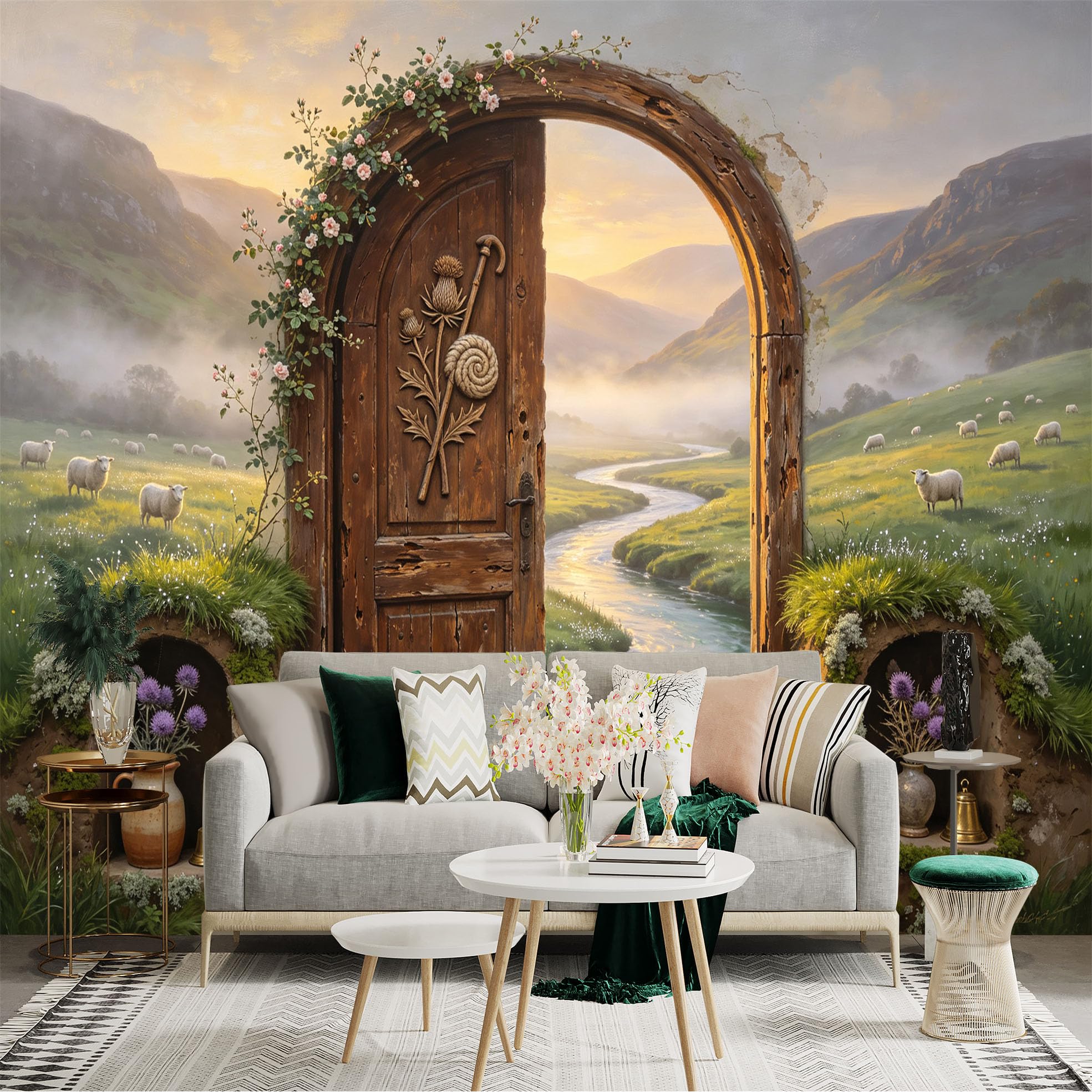 Custom Size Wall Sticker Mural， Rustic Wooden Door， Countryside River Valley， Sheep Meadow， for wall Decoration， peelandstick wall Decals.