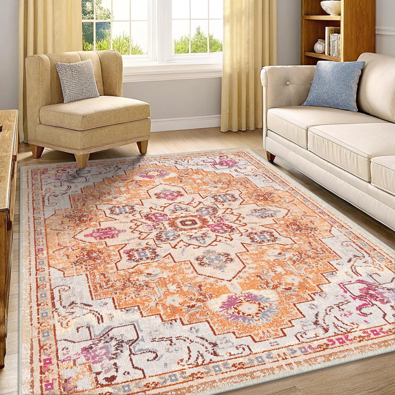 Smiry 8x10 Area Rugs for Living Room, Boho Chic Style Printed Rugs, Low Pile, Non-Shedding, Easy Care, Machine Washable Lightweight Floor Carpets Rugs