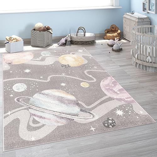 Miniatura 5 de Paco Home Alfombra infantil con planetas y estrellas en gris tamaño 5 pies 3 pulgadas x 7 pies 3 pulgadas