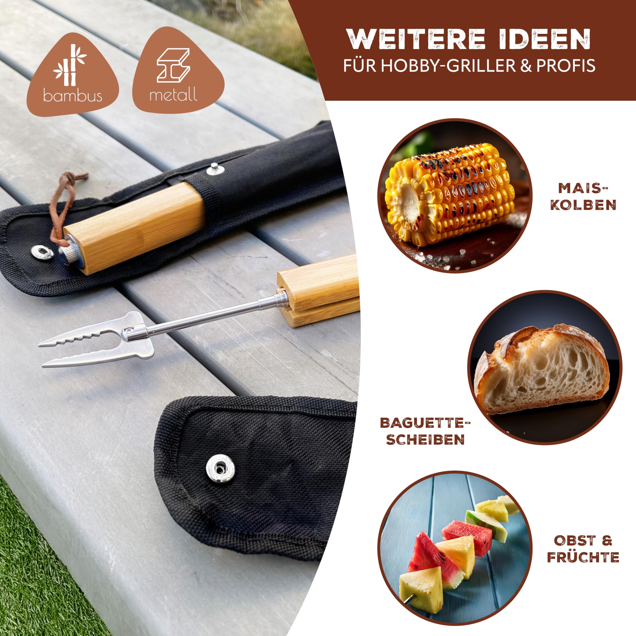 bremermann Teleskop-Grillgabel 2er Set // inkl. Tasche // Edelstahl & Bambus // ausziehbar für Marshmallow und Würstchen (4)