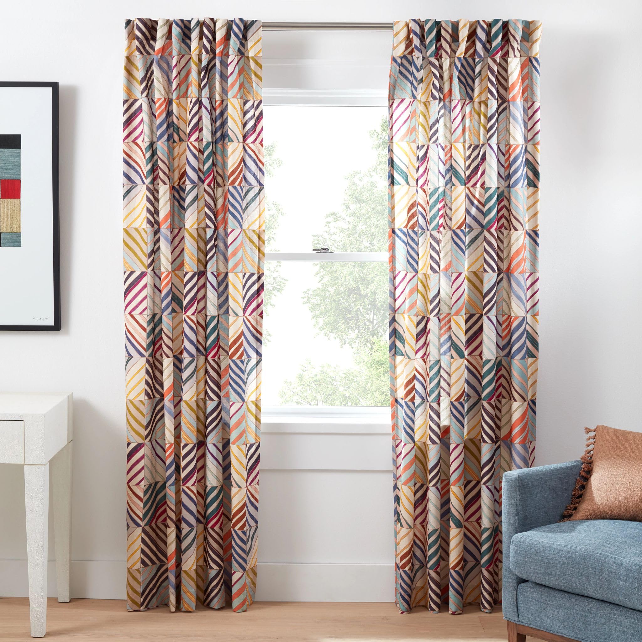 Pine Cone Hill Potter Linen Multi Curtain Panel, 55" x 84" Size, Multi Graphic Pattern