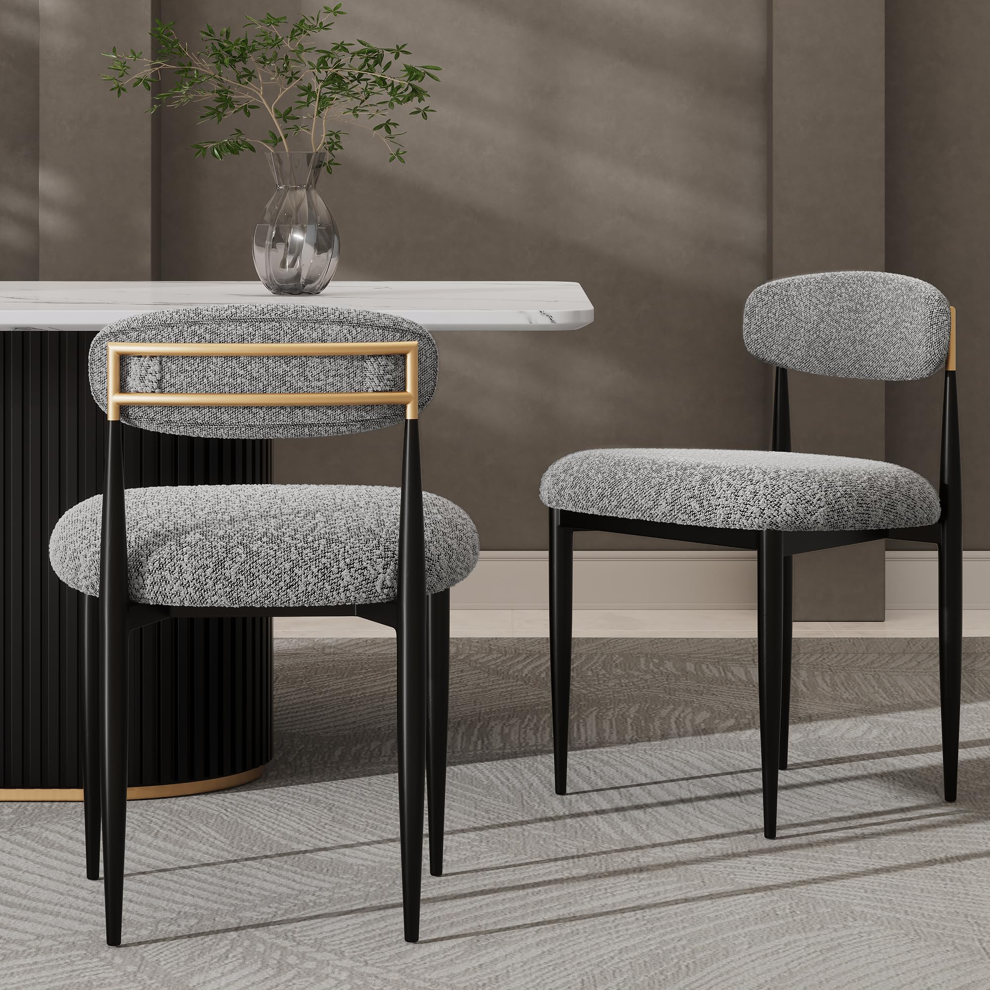 Morden Fort Boucle Dining Chairs Set of 2, Modern Chairs with Curved Backrest and Black Metal Legs for Dining Room, Kitchen, Living Room, Apartment
