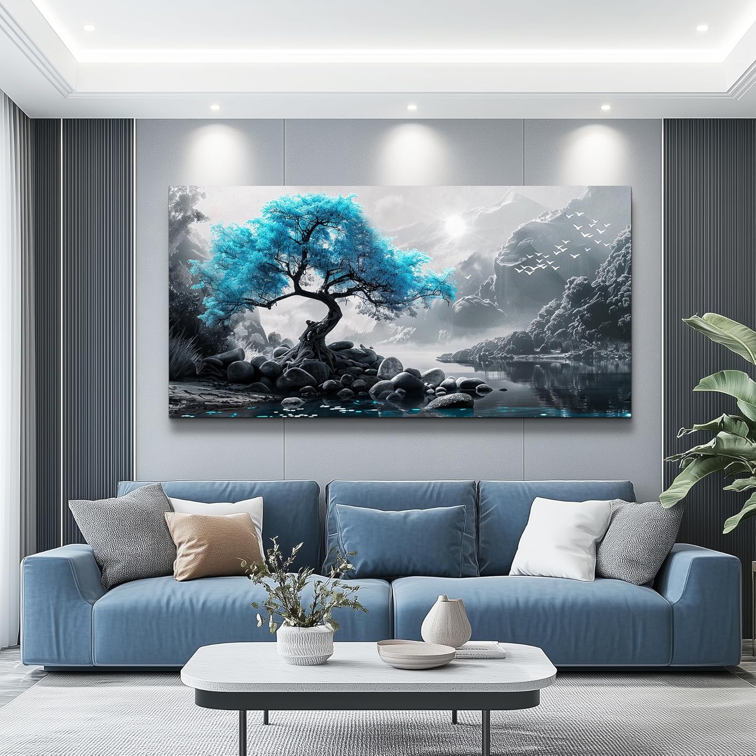 KELIYUAN Large Wall Decor Canvas Painting Wall Art For Bedroom Living Room Decoration Blue Tree Black And White Foggy Mountain Landscape Art Print Picture Room For office Room Home Decor 30x60 In