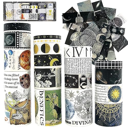 Juego de 18 rollos de cinta washi vintage y 15 calcomanías Cosmos, 755030252015100.197 in, planeta, tierra, estrellas, luna, universo, letras