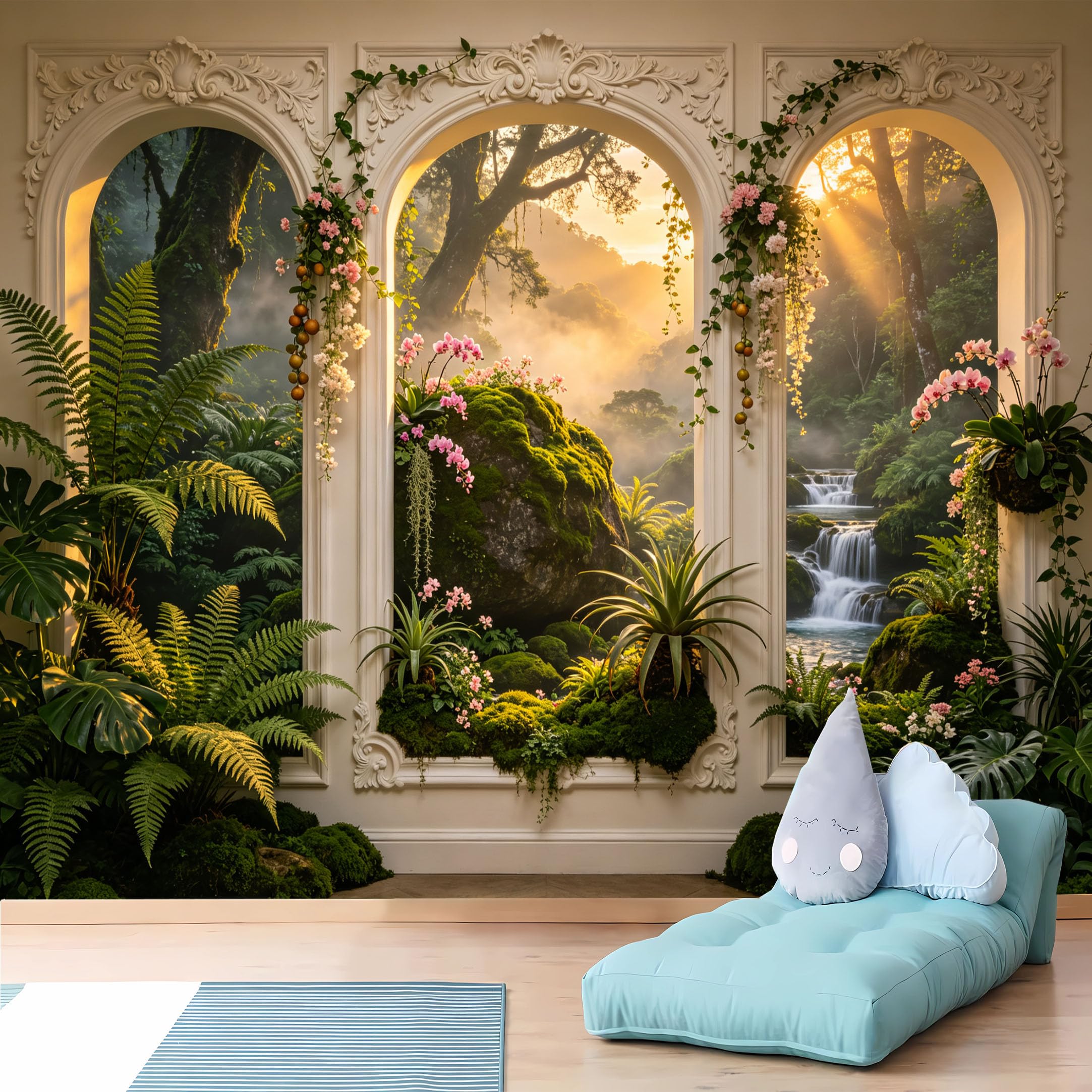 Custom Size Wall Murals 3D White Arched Window Misty Forest Waterfall Wall Covering Fabric Self-Adhesive Wall Fabric (NO PVC) Removable Wallpaper for Living Room