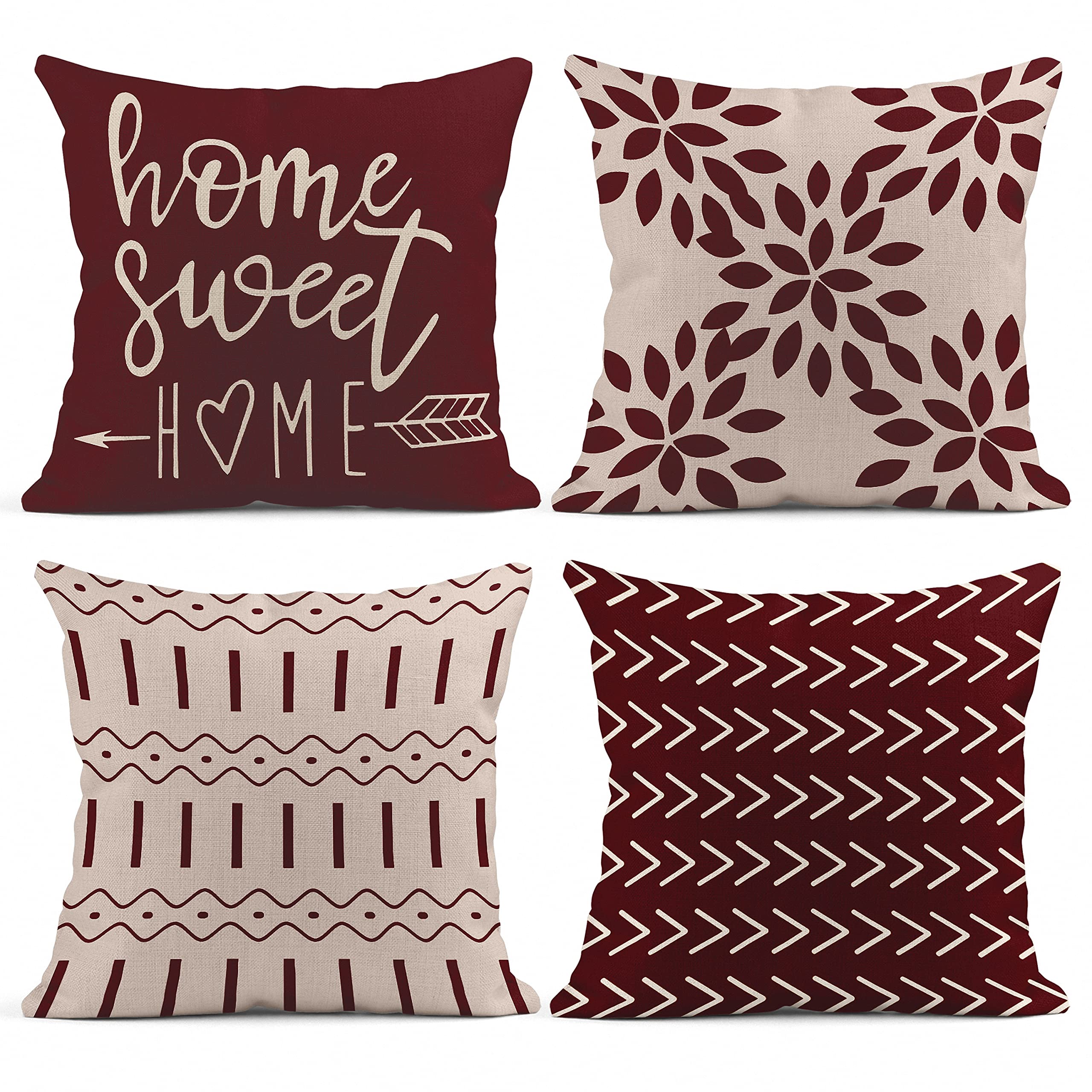 Emvency Set of 4 Throw Pillow Covers Modern Geometry Wine Red and White Words Sweet Point Triangle Wave Stripes Arrow Decorative Pillow Cases Home
