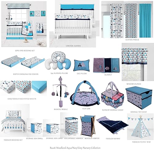 Miniatura 6 de Bacati Woodlands GreyAqua Triangles - Cuna de algodón para niños pequeños, falda de cuna de algodón, con volantes, color aguamarinaazul marino y gris