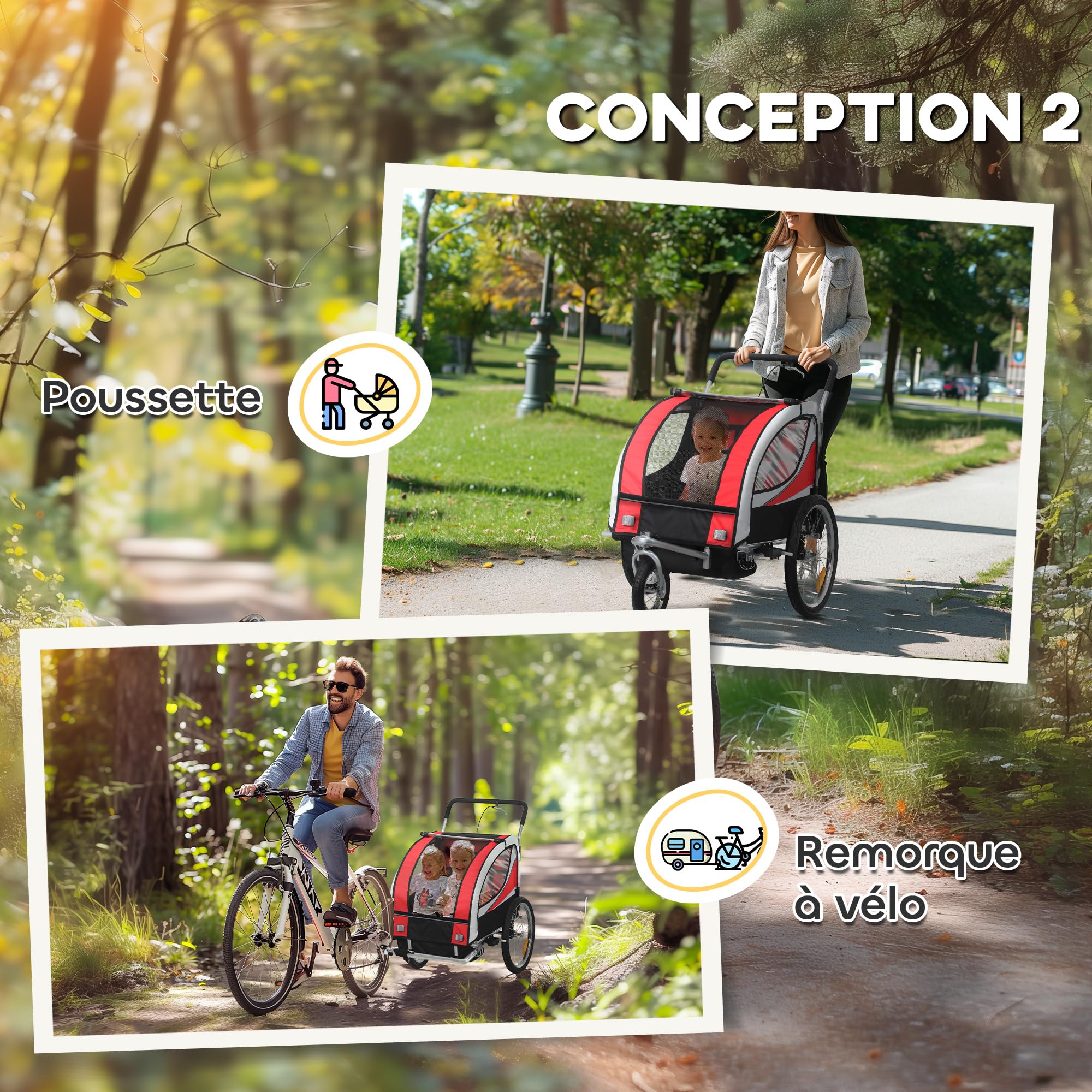 HOMCOM Remorque Velo Enfant 2 en 1 Poussette vélo bébé 2 Places avec Ceinture de sécurité 5 Points, réflecteurs, Drapeau et attelage, Charge 40 Kg, Rouge