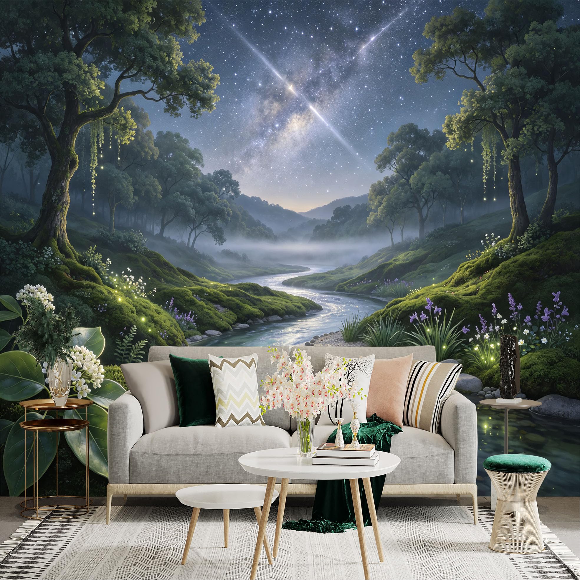 Lnzczhyre Bh260719193 Custom Size Wall Sticker Mural， Enchanted Stream In Misty Forest， Night Sky With Milky Way， Glowing Fireflies， Magical Nature Landscape， For Wall Decoration， Peelandstick Wall Decals.