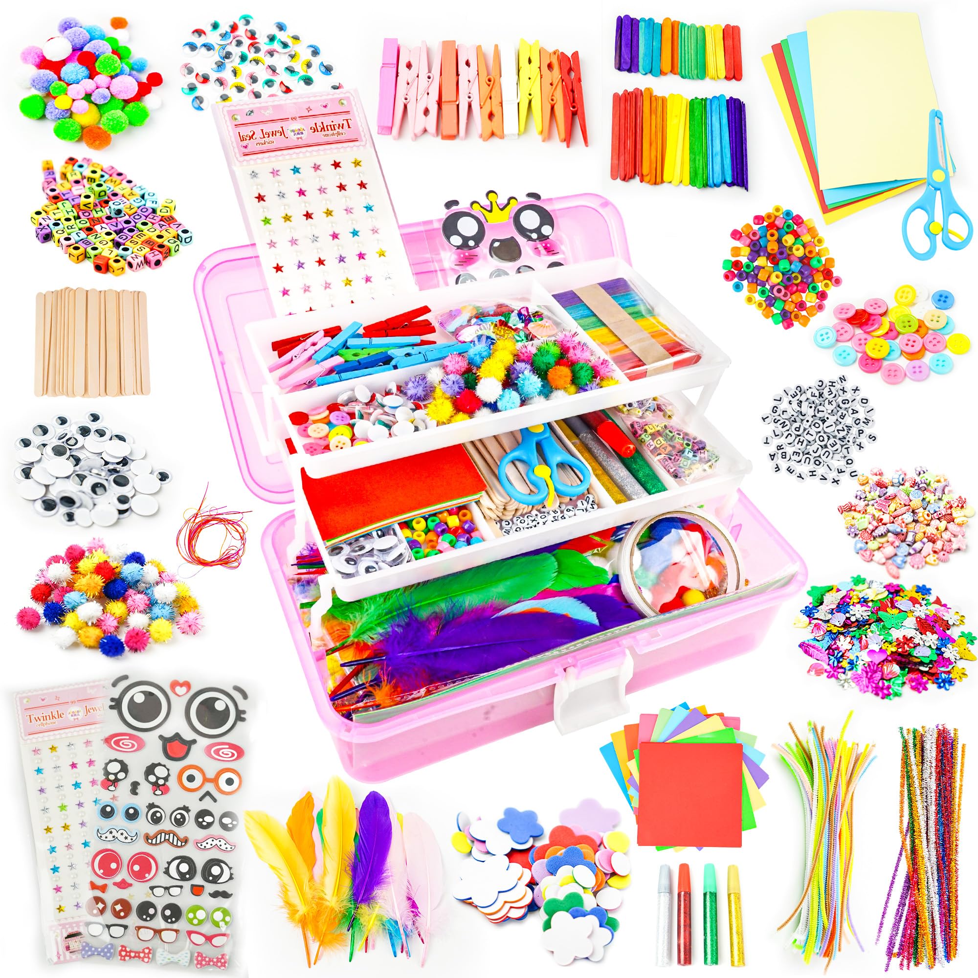 SMILESSKIDDO Arts Craft Supplies for Kids - 1100+ PCS Toddler DIY Craft Art Supply Set, Portable 3 Layered Folding Storage Box School Craft Projects -