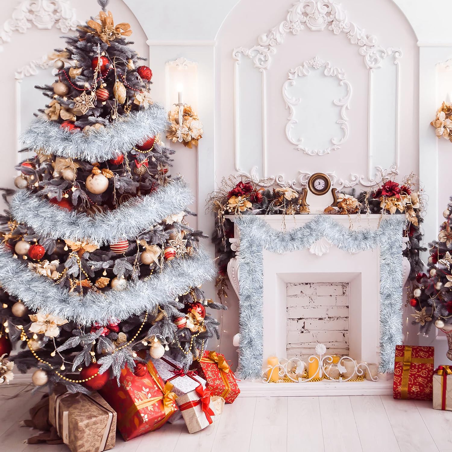 Sggvecsy 32.8Ft Christmas Tinsel Garland Xmas Tree Decorations Christmas Silver & White Metallic Twist Garland Ceiling Hanging Decorations for New Year Party Birthday Holiday Indoor Outdoor Supplies image 2
