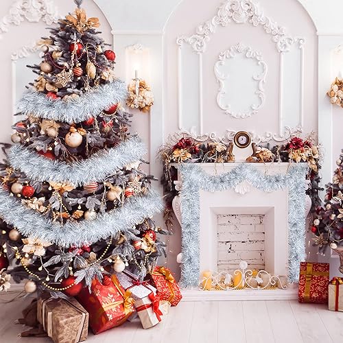 Miniatura 2 de Sggvecsy Guirnalda de oropel de Navidad de 32.8 pies, decoración de árbol de Navidad, guirnalda metálica plateada y blanca, decoración colgante de