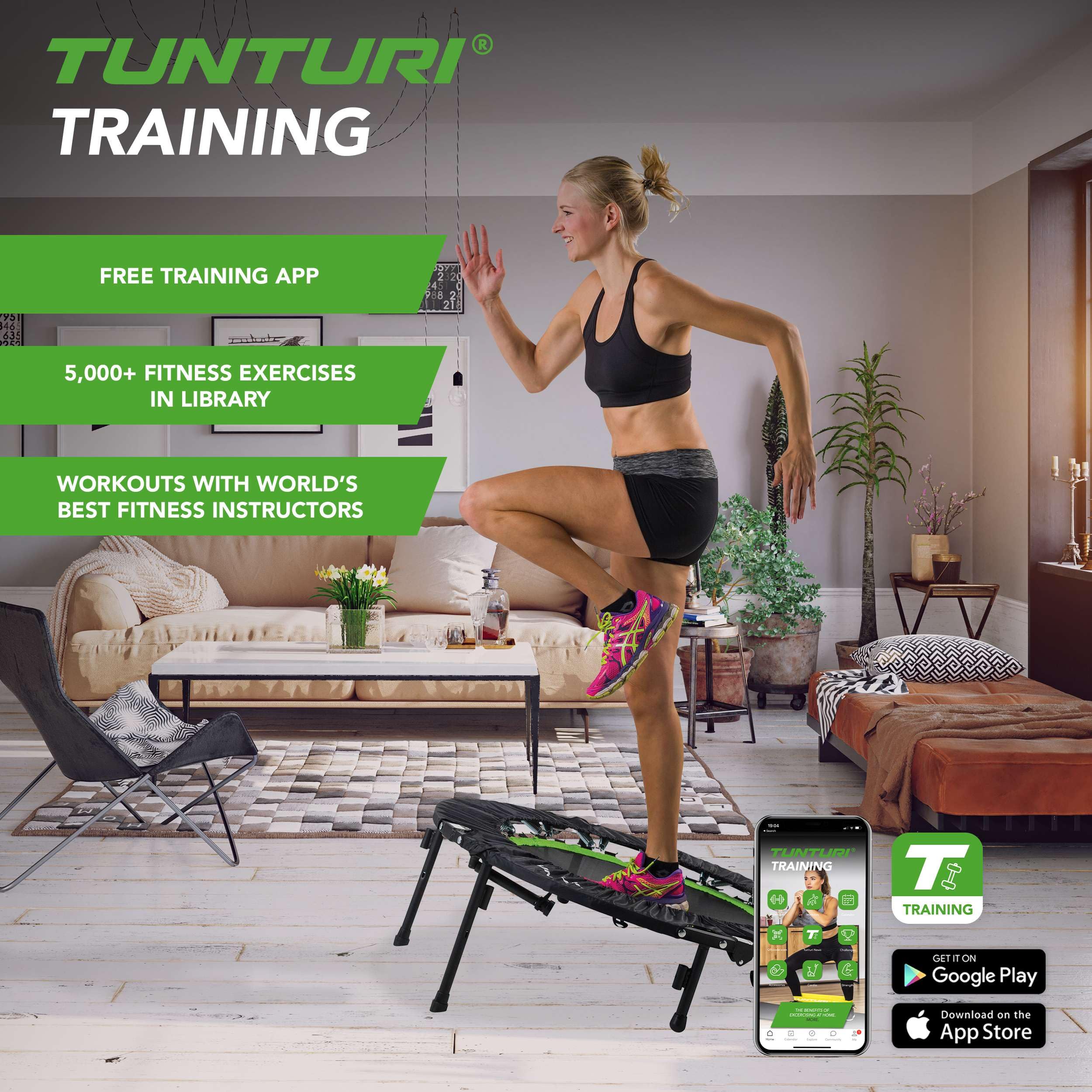 Tunturi Składana trampolina fitness/trampolina wewnętrzna/Rebounder - z drążkiem stabilności - 104 cm - czarna