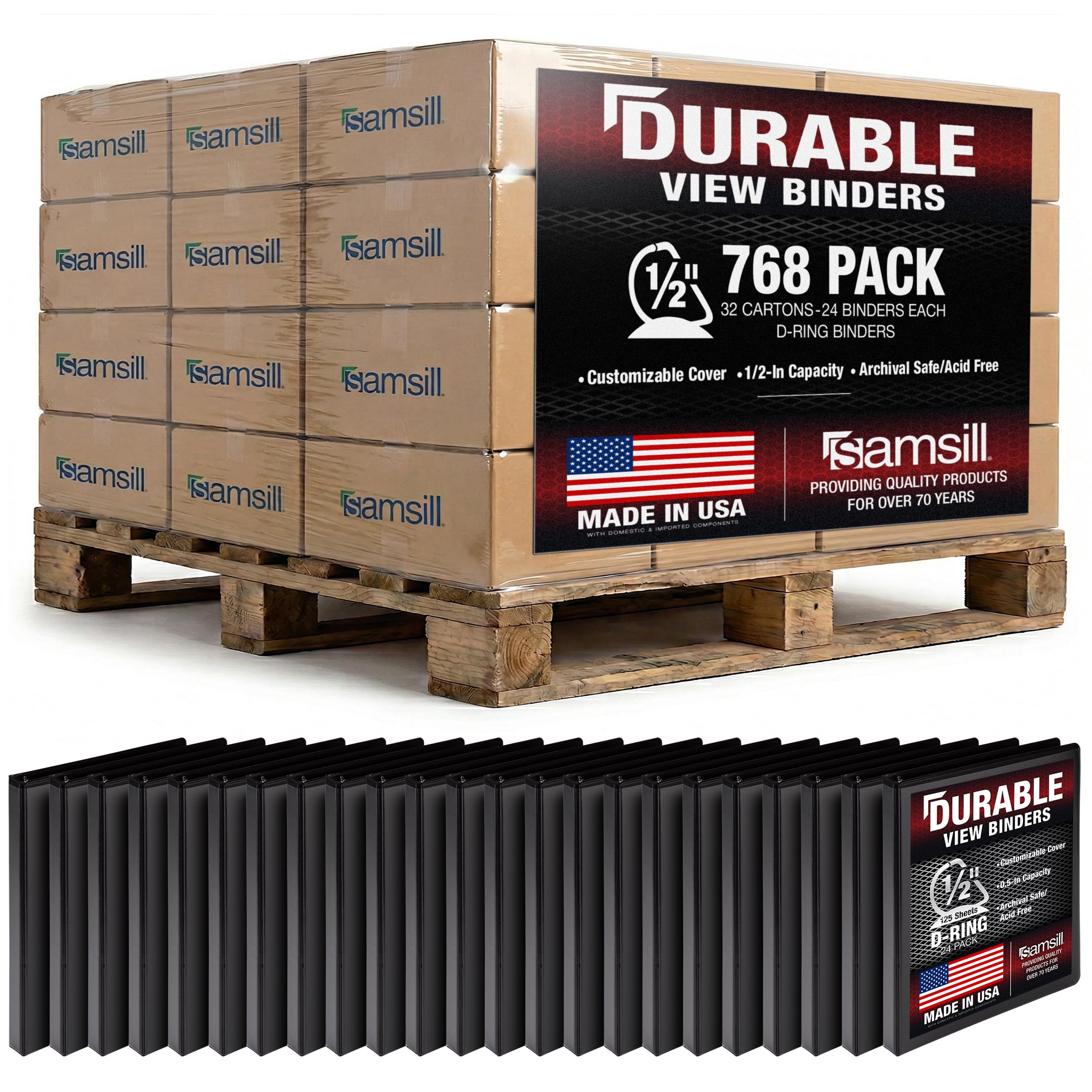 Samsill Durable 0.5 Inch Binder, Customizable Clear View Cover, Black, 24 Pack, Each Holds 125 Pages, Pallet of 768 Binders in 32 Cartons
