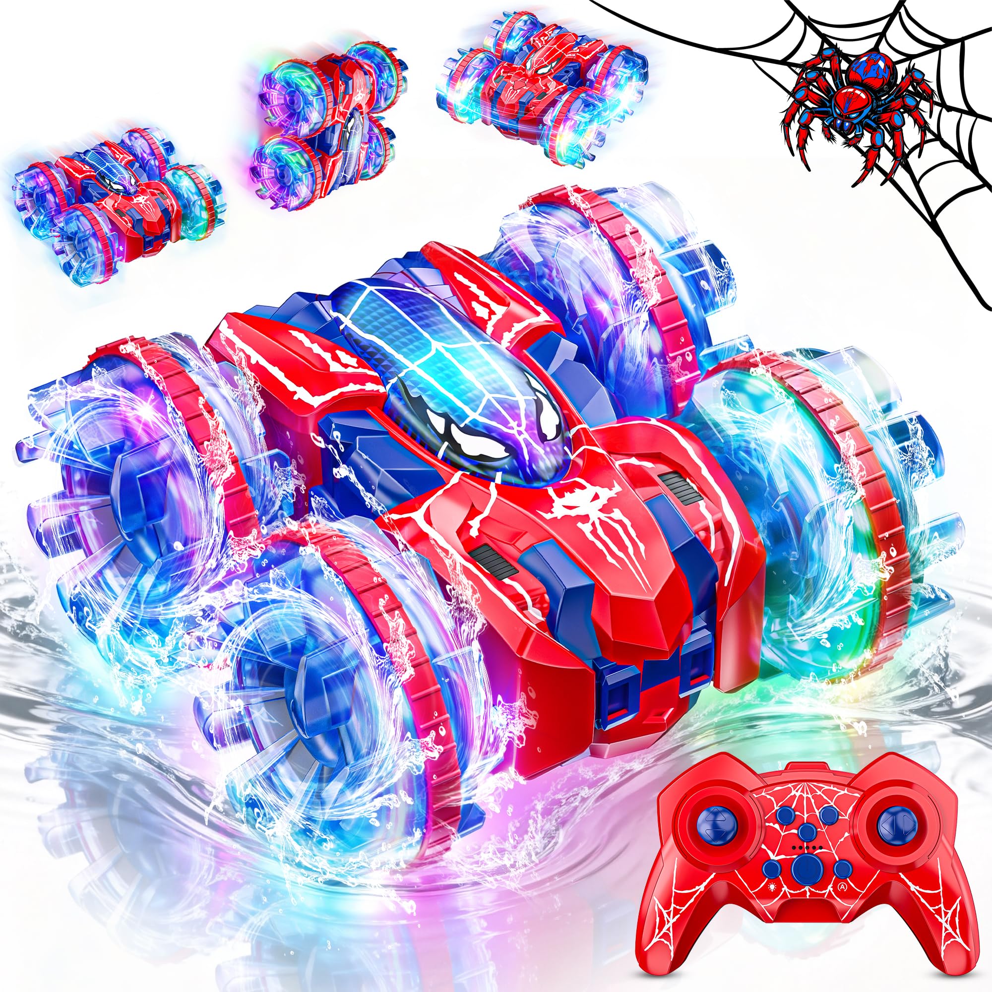 Spider Amphibious Remote Control Car for Kids - 2.4GHz Double Sided RC Cars for 3 4 5 6 7 8 Year Old Boys, Pool Monster Truck with 360° Rotation & LED Light, Kids Outdoor Toys Christmas Birthday Gift