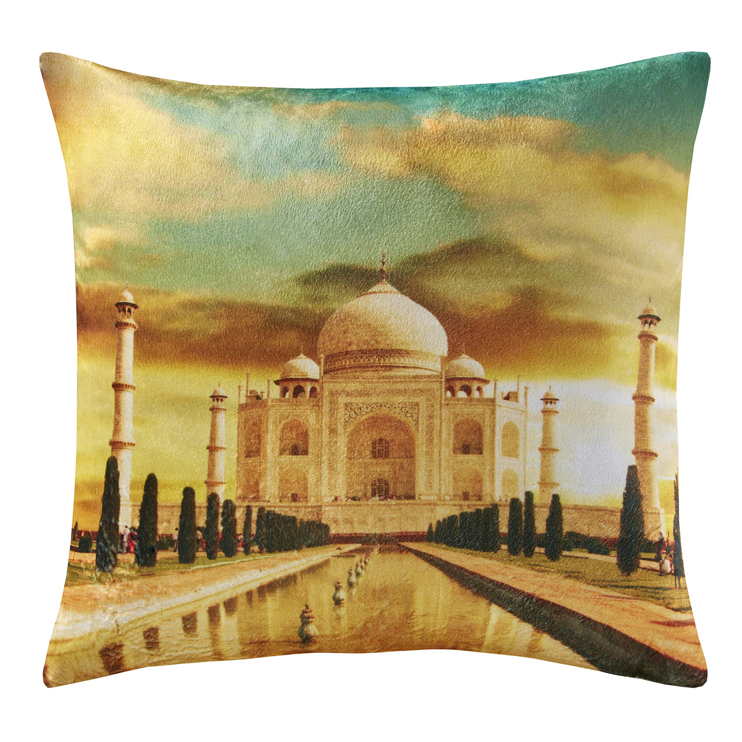 Luxury Digital Printed Plush Velvet 3D City World Themed Square Cushion Covers (18 "x 18") (Taj Mahal)