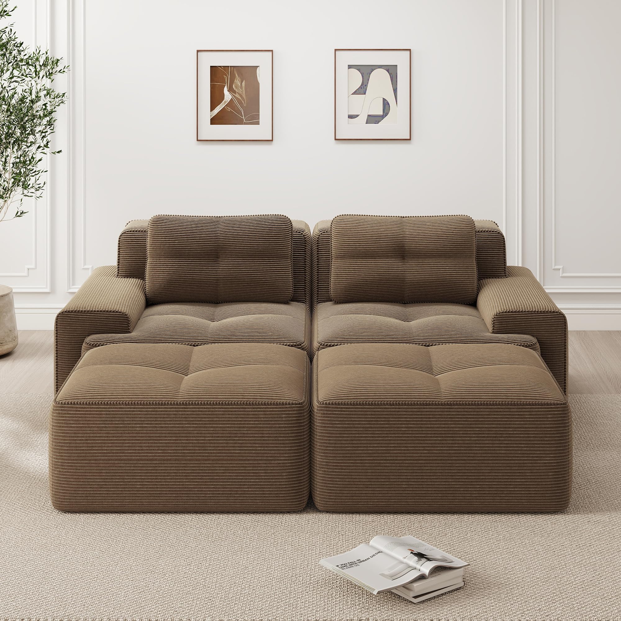 Divano modulare compresso 204 cm, divano a 2 posti con 2 pouf e 2 cuscini, comodo divano disossato in velluto a coste, divano ad angolo/divano letto per soggiorno