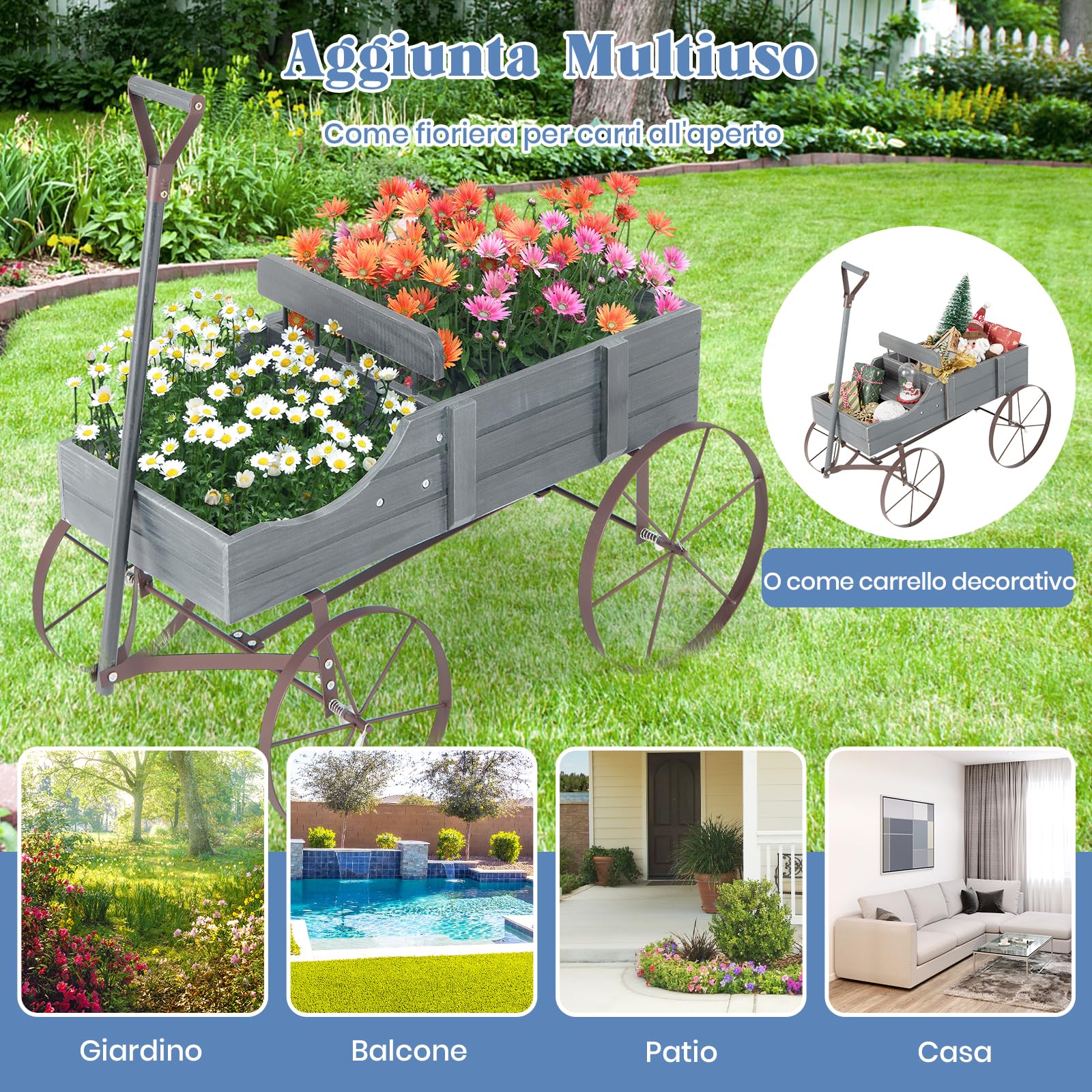 RELAX4LIFE Fioriera da Esterno a Forma di Carriola 62x34x60cm, Fioriera in Legno di Abete con 4 Ruote e Maniglia Regolabile, Carriola Portafiori con Drenaggio per Giardino, Terrazzo, Max 15kg (Grigio)