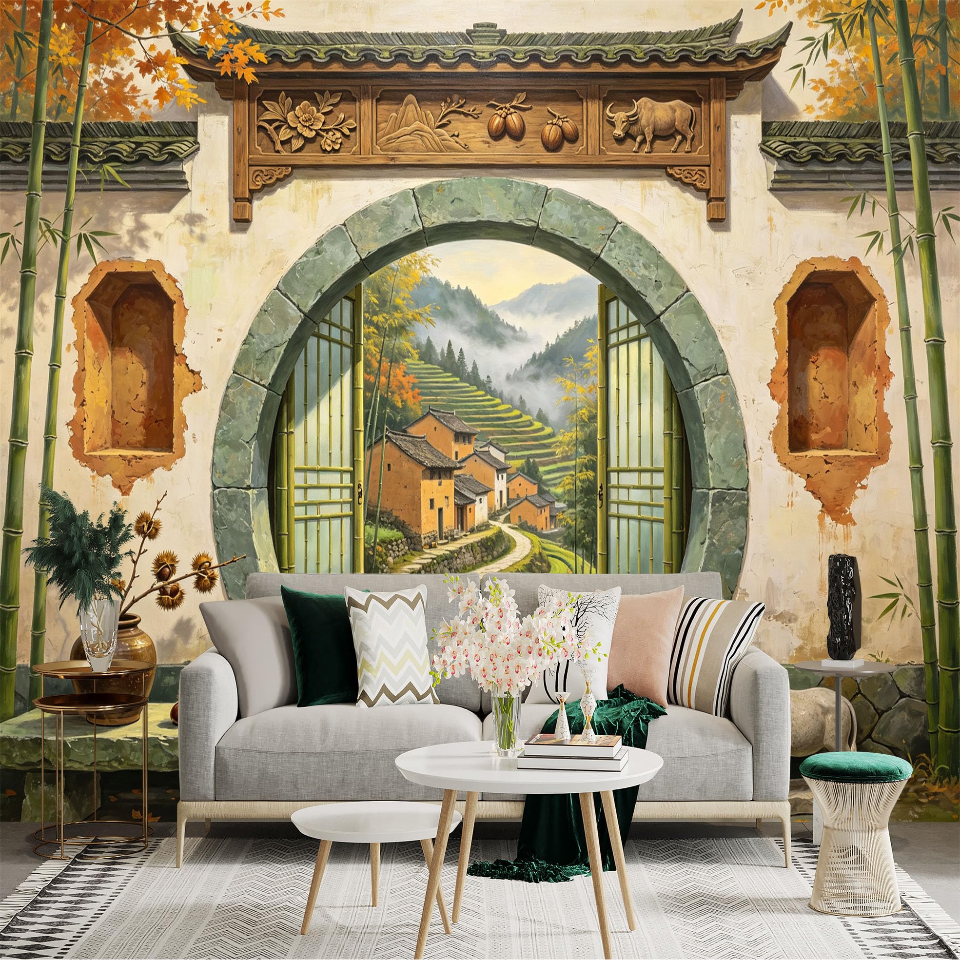 Custom Size Wall Sticker Mural， Asian Courtyard Archway， Bamboo Forest， Mountain Village Path， Rustic Autumn Landscape， for wall Decoration， peelandstick wall Decals.