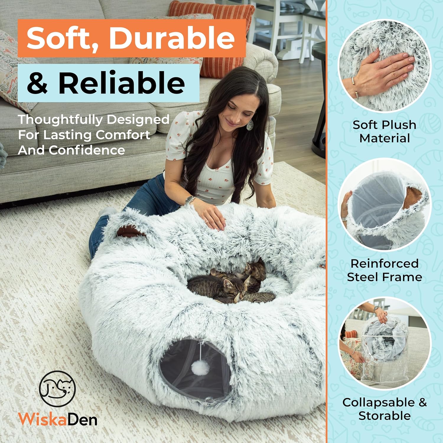 WiskaDen XL Plush Cat Tunnel Bed with Toy and Elderly Feline Access. 3-in-1 Light Grey Fluffy Donut Cushion with Ears. Circle Tube for Indoor Cats Leisure, Hiding Spot, Dog Bed, or Rabbit Cave