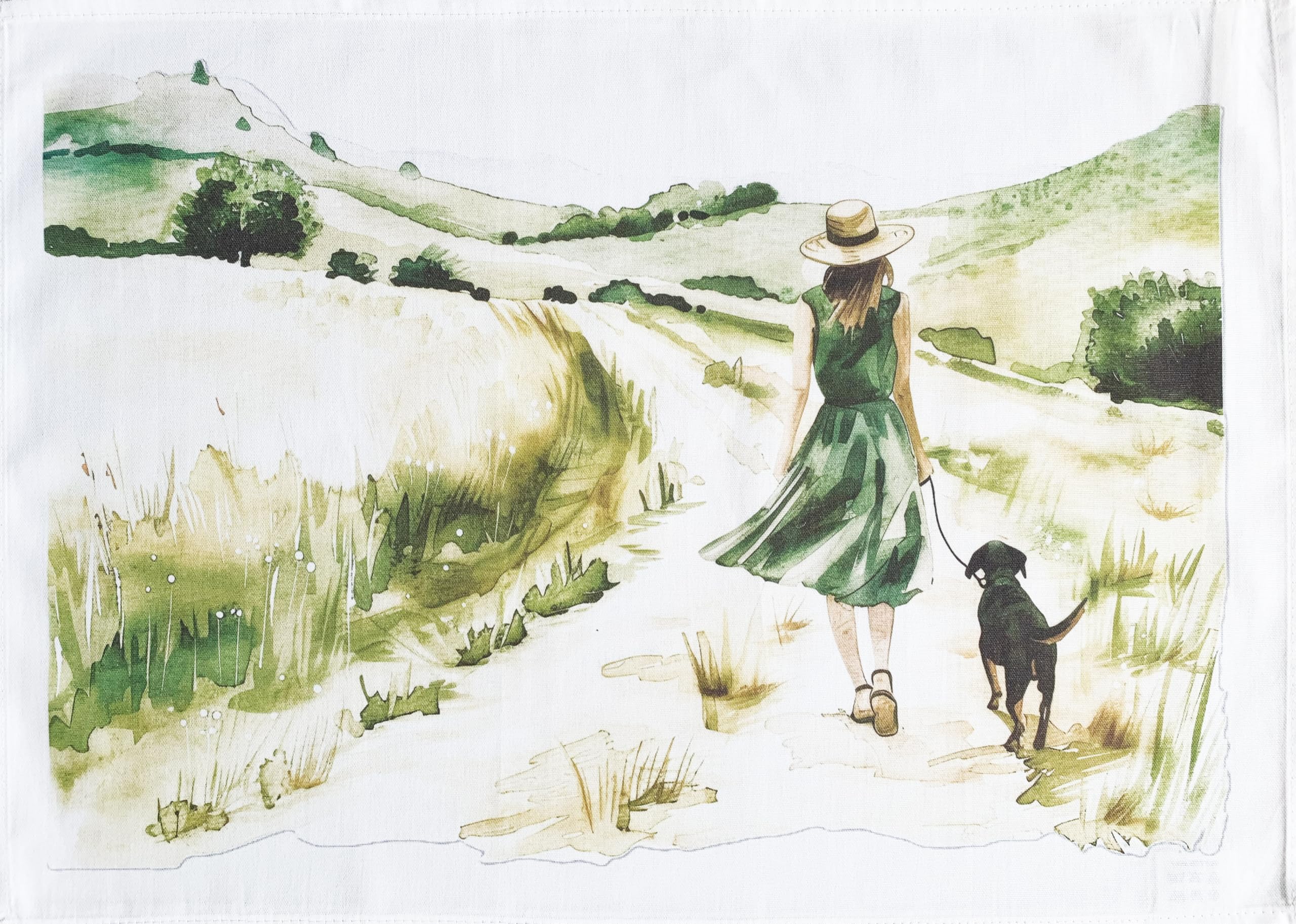 Half A Donkey Girls White A And Her Dog On A Countryside Walk Large Cotton Tea Towel
