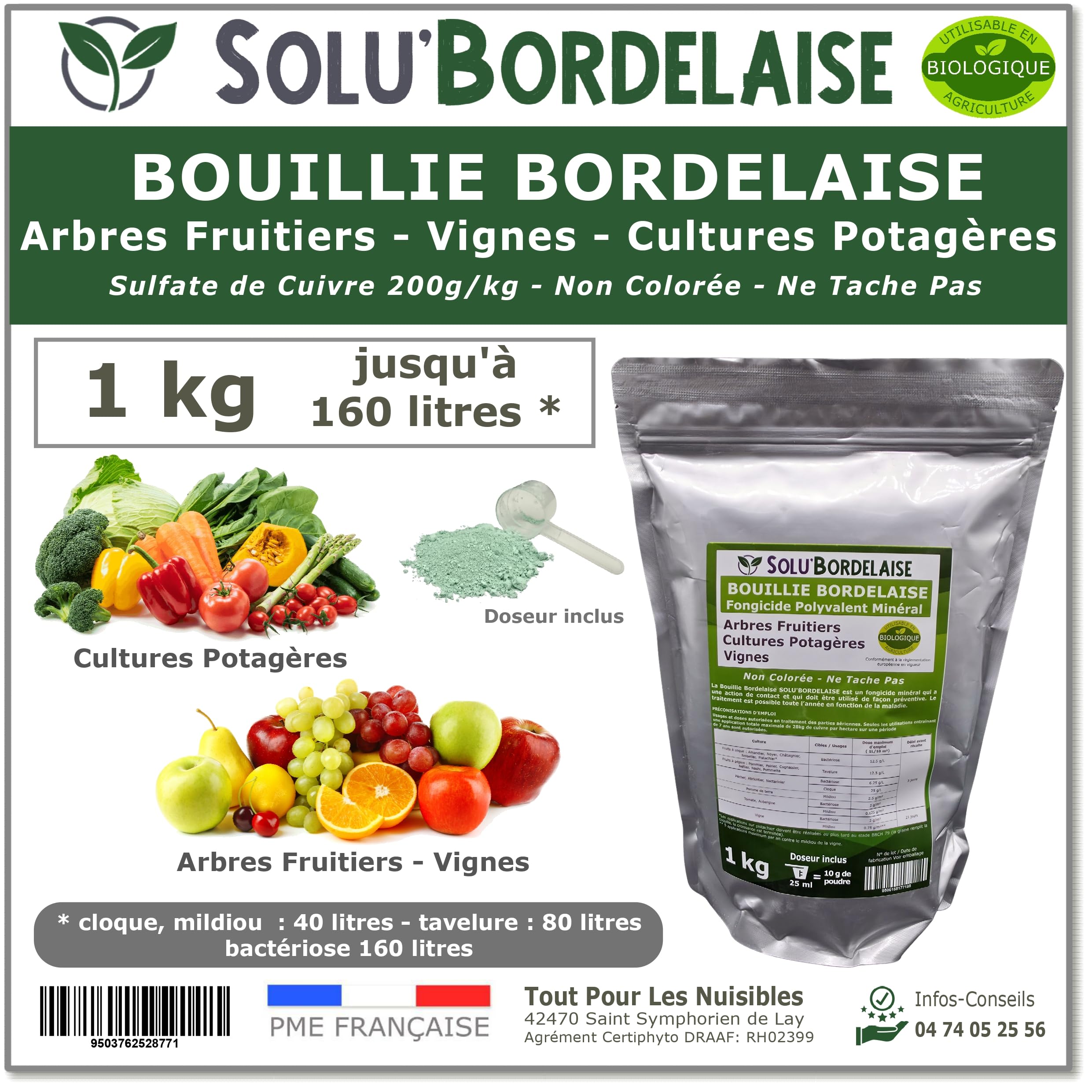 Solu'Bordelaise - 1 kg - Bouillie Bordelaise Non Colorée - Fongicide Polyvalent Sulfate de Cuivre - Protection Arbres Fruitiers, Cultures Potagères, Vignes - Utilisable en Agriculture Biologique
