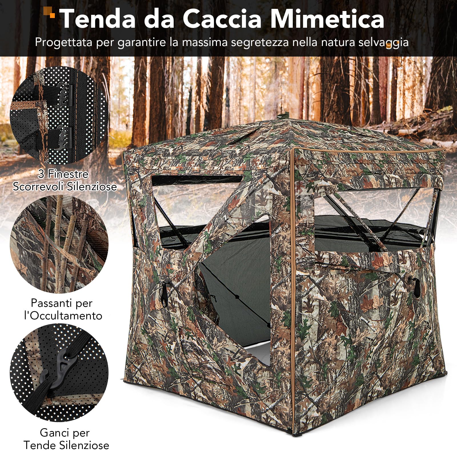 COSTWAY Tenda da Caccia 5 in 1 per 2-3 Persone, Tenda Mimetica a Visione a 360° per Caccia, Tenda Pop-Up Camouflage con Borsa da Trasporto, Attrezzatura Caccia Funzione da Recinto, 148 x 148 x 164 cm