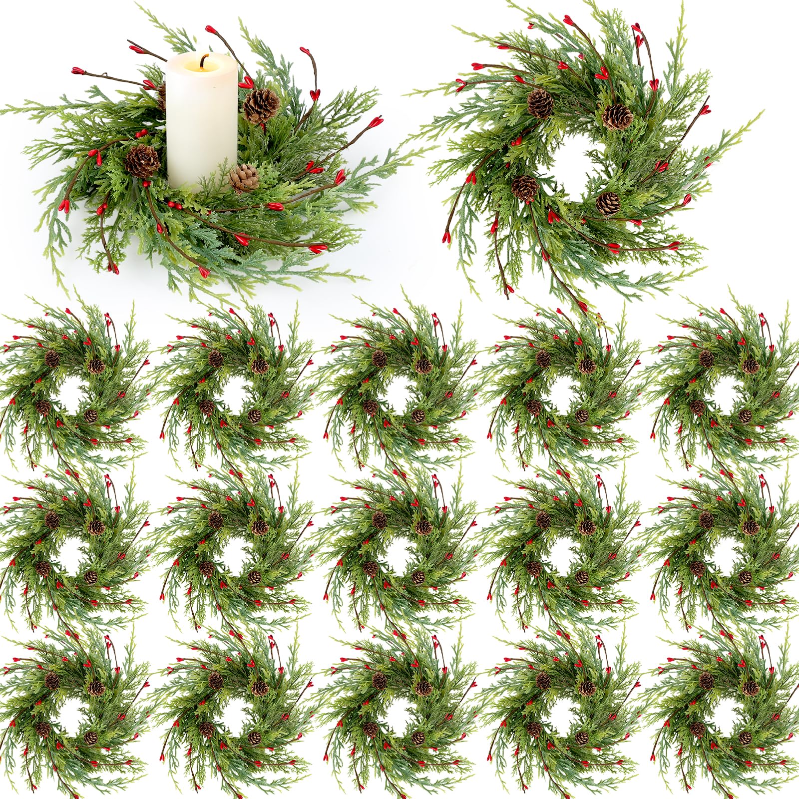 18 Pcs Artificial Christmas Candle Rings 9 Inch Cedar Pine Garland Wreaths with Red Berries Pinecones Wreaths Pine Needles Candle Ring Holder for Christmas Winter Decorations Table Centerpiece