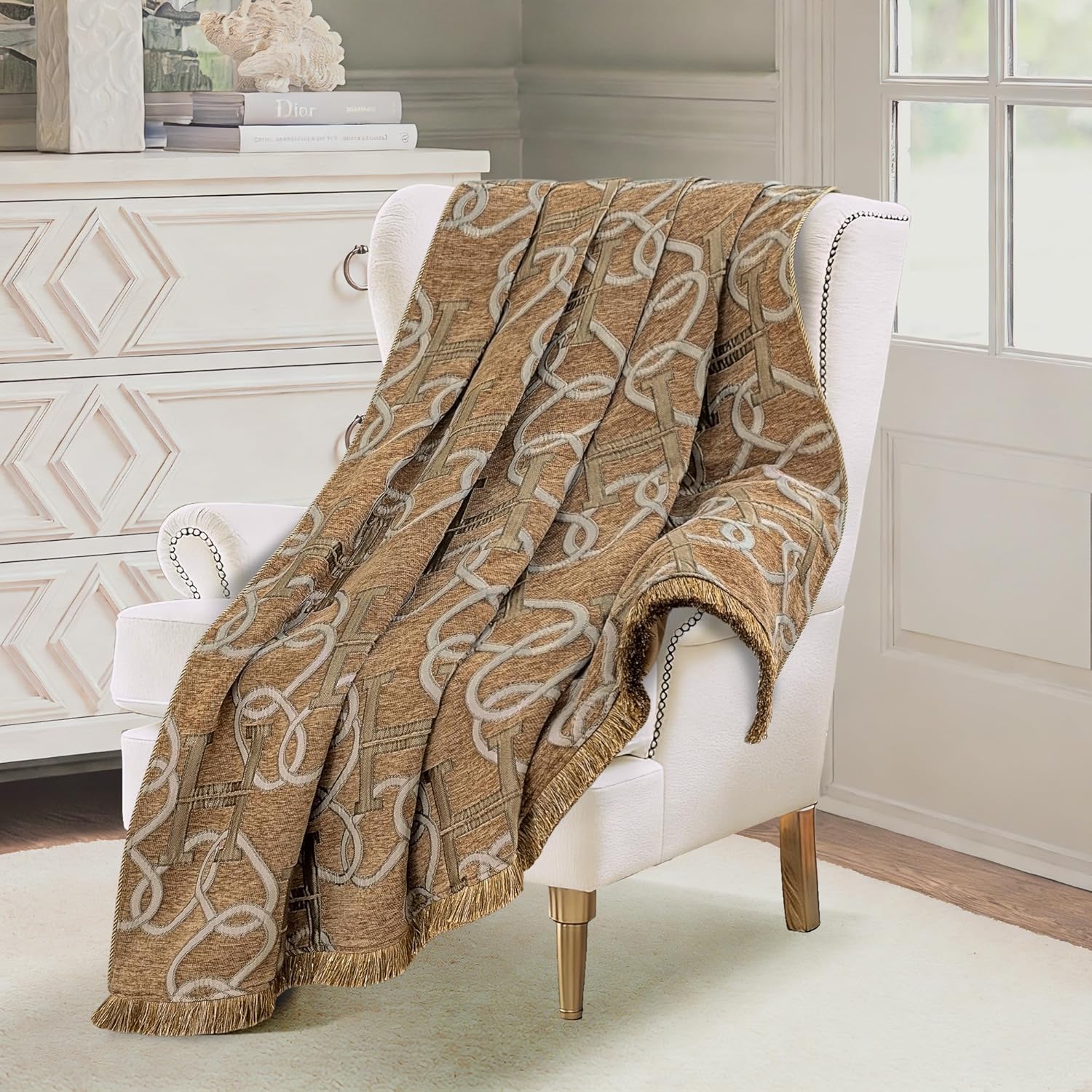 Modern Letter H Throw Blanket for Couch, Luxury Chain Pattern Jacquard Weighted Blanket with Fringe, Chenille Soft Cozy Blanket for Sofa Bed Living Room Chic Home Decor(52”x 72”, Light Brown)