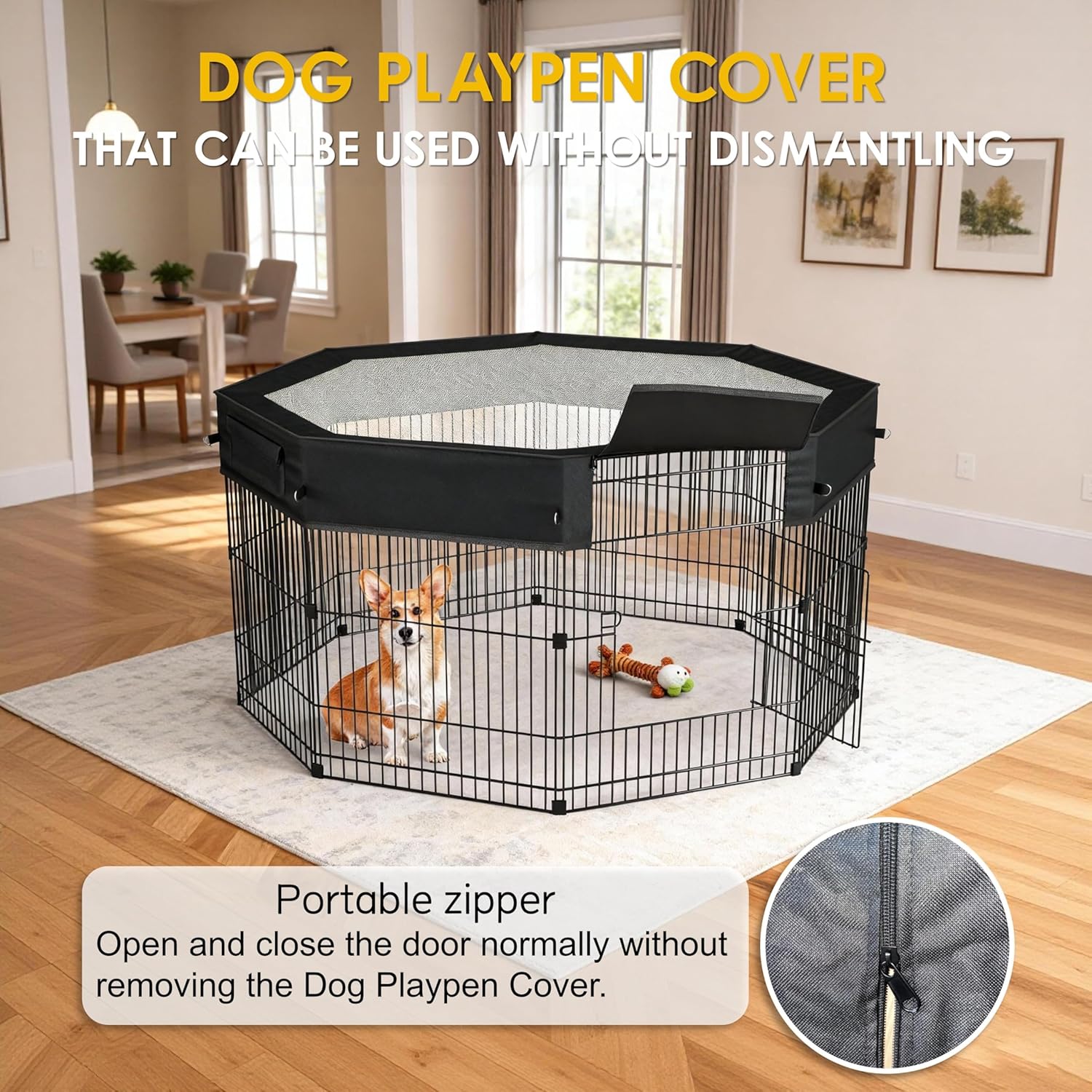 Dog Playpen Cover (with Sunshade), Heavy Duty 1680D Oxford Fabric + Nylon Breathable Mesh (Fits24 Inch 8 PanelsOctagon Pet Pen)