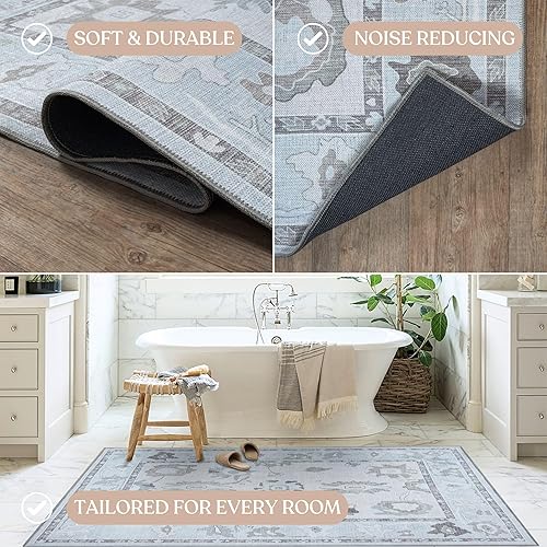 Miniatura 6 de Fame Living - Tapete Oushak pequeño, moderno, vintage, turco, ecléctico, floral, pastel, lavable, tapete para entrada interior, cocina, baño, Beige