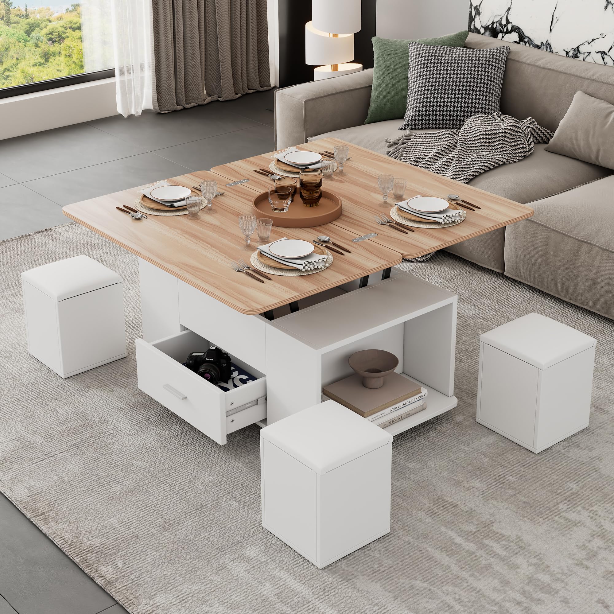 ModernLuxe Lift Top Coffee Table with 4 Hidden Stools,Storage, Convertible Dining Table and Workstation, Extendable Lift Up Centre Table on Wheels for Living Room, White & Natural Wood