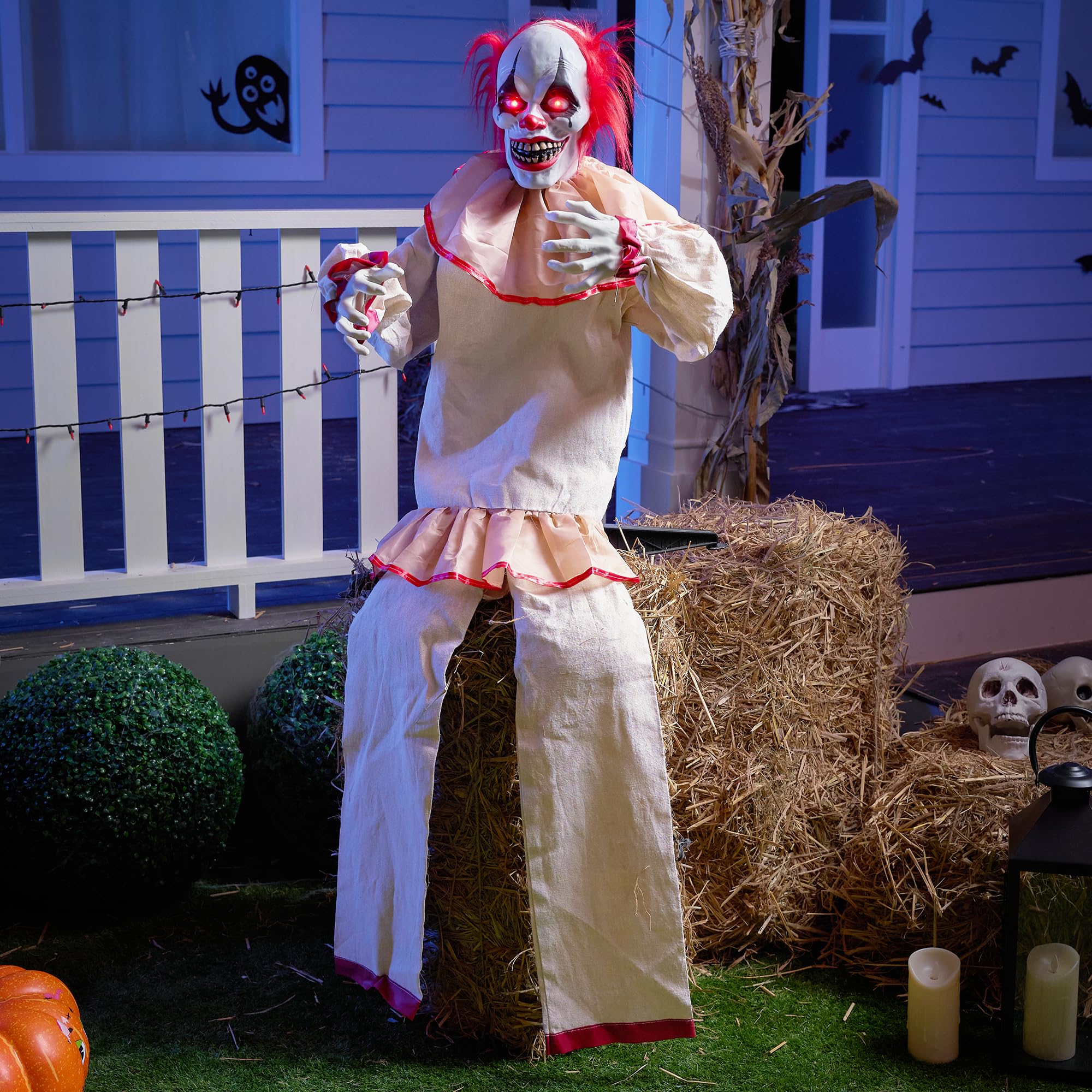 JOYIN Décoration de Clown Assis animatronique d'halloween de 165cm avec Yeux Lumineux, Son Effrayant, Bras et tête Mobiles (activé par Le Son et la lumière) pour Les décorations de Maison hantée