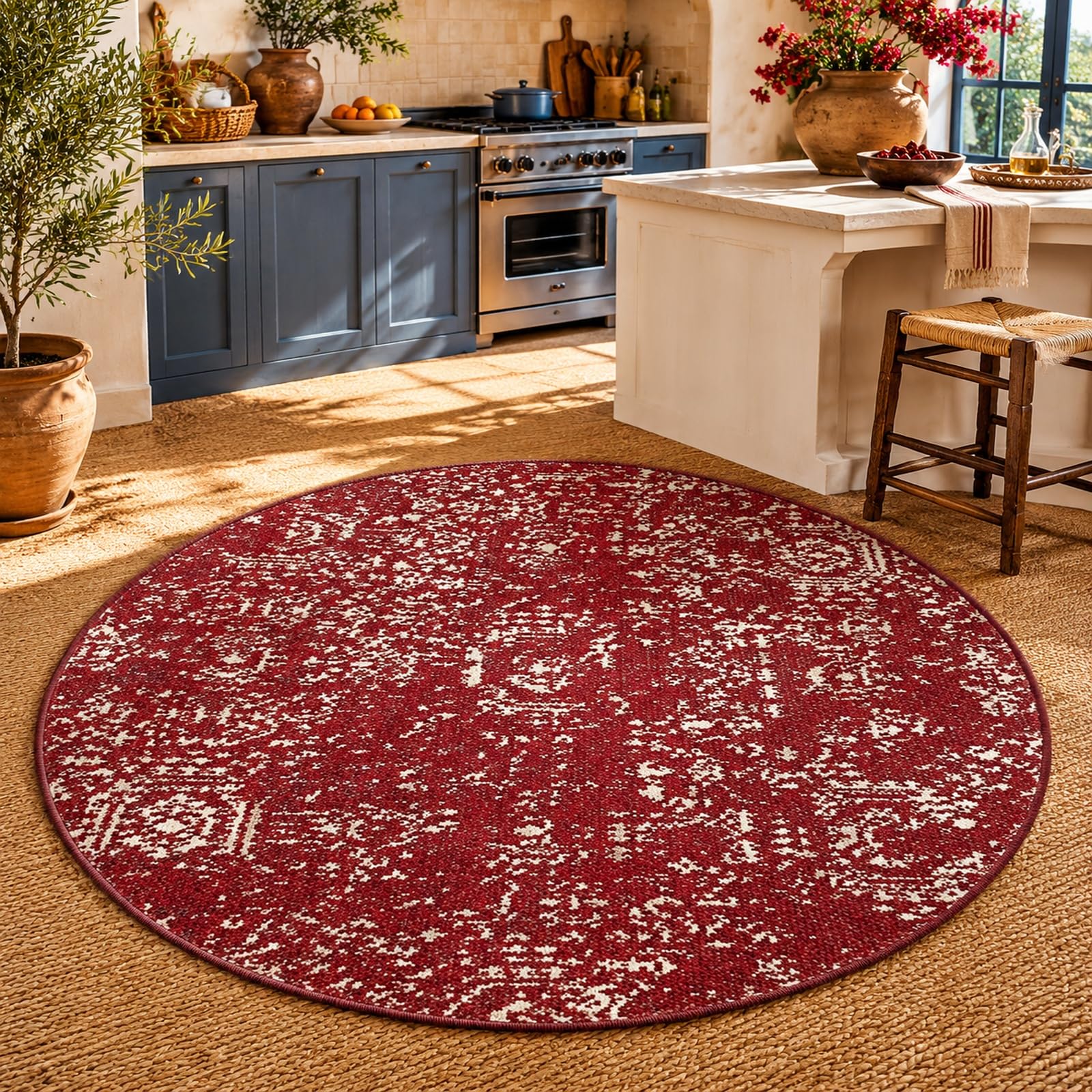 Tapis rond rouge vintage et blanc 90 cm pour déco chambre aesthetic