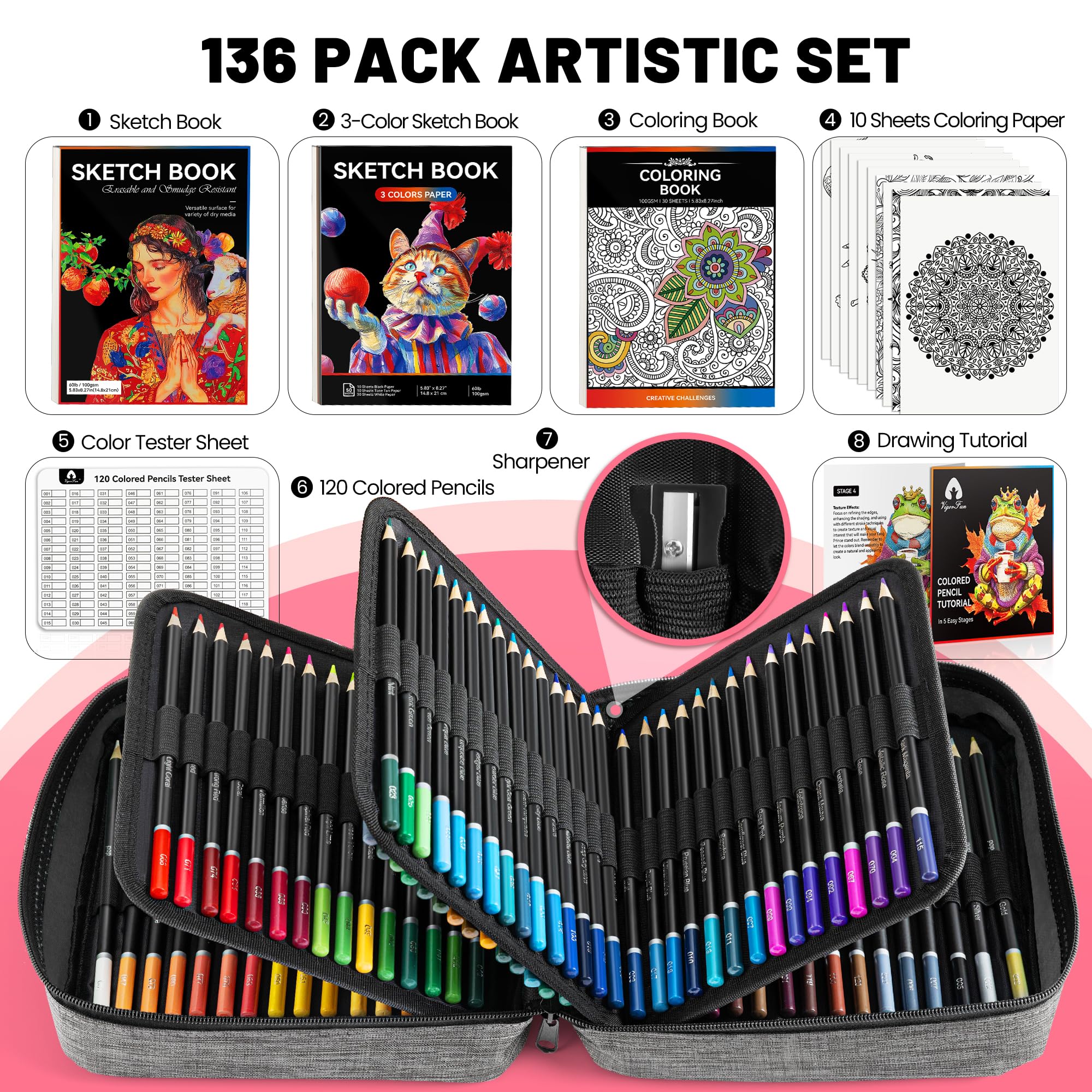 VigorFun Buntstifte-Set mit tragbarem Geschenketui, Kunstbedarf, 120 Buntstifte, 3-farbiges Skizzenbuch, Malbuch, Skizzenbuch, Spitzer, professionelle Zeichenstifte für Erwachsene und Kinder (grau)