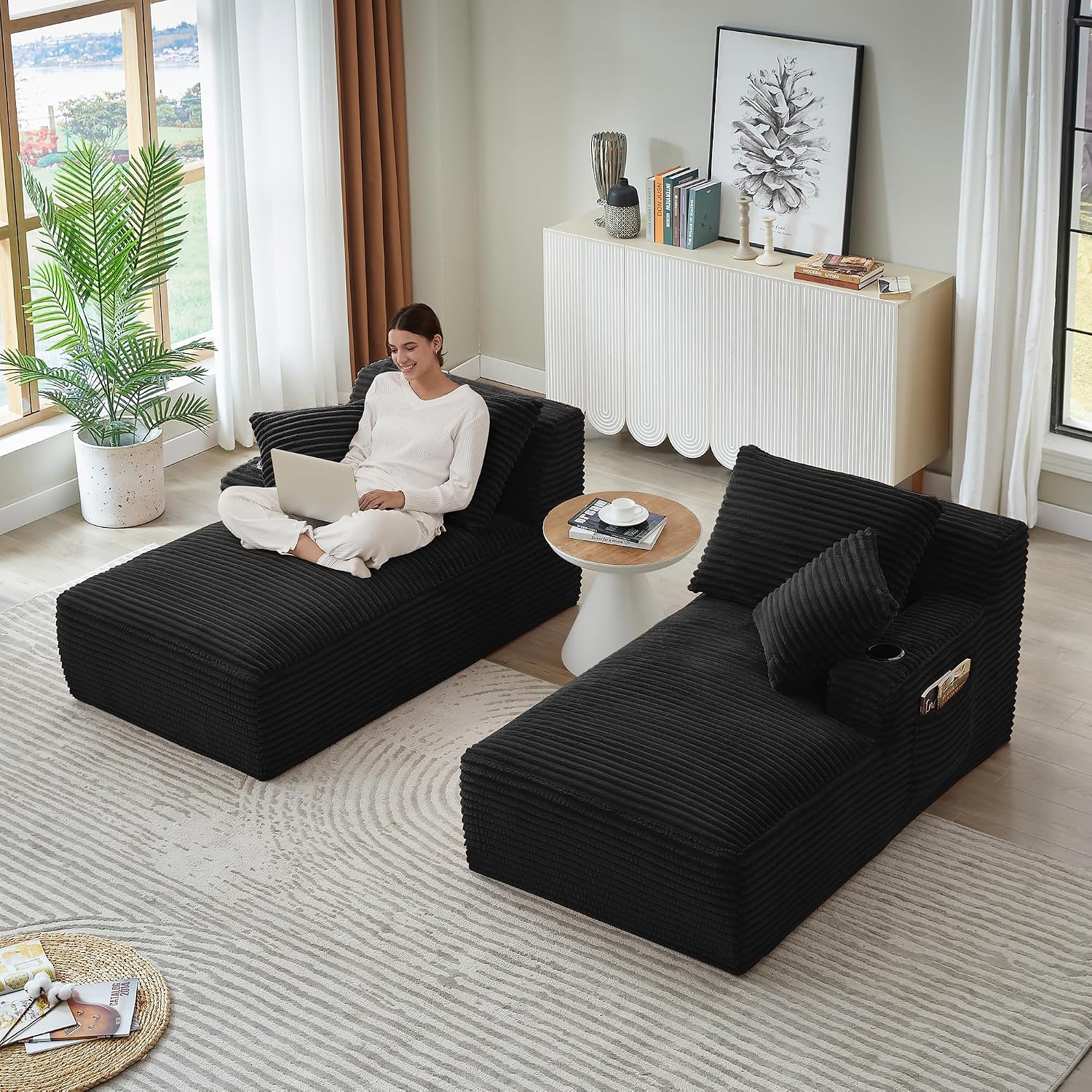 71" Oversized Double Chaise Lounge Chair Indoor, Upholstered Boneless Sofa Bed with Deep Seat, Cup Holder, Plush Corduroy Sleeper Couch Reading Chairs for Living Room Bedroom,No Assembly Required
