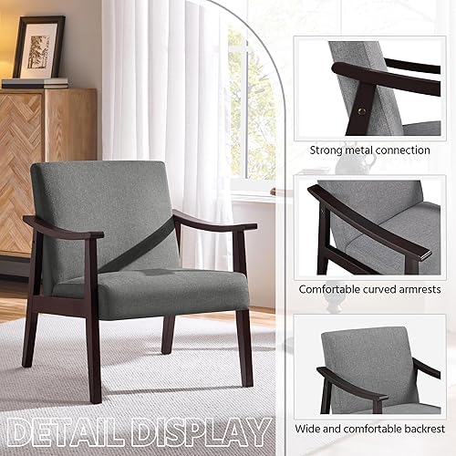 Miniatura 4 de Yaheetech Silla de Acento, Silla de Sala de Estar de Mediados de Siglo, Silla Lateral Moderna de Tela de Lino con Respaldo Alto para Sala de