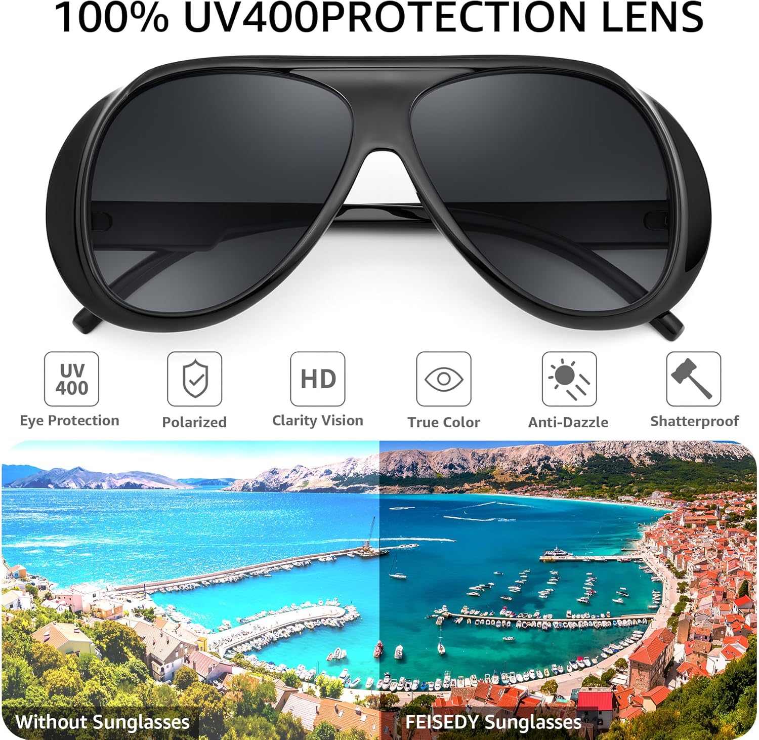 FEISEDY Retro Oversized Aviator Sunglasses Womens Men Trendy Vintage 70s Style Big Square Shield B0344 - Image 5