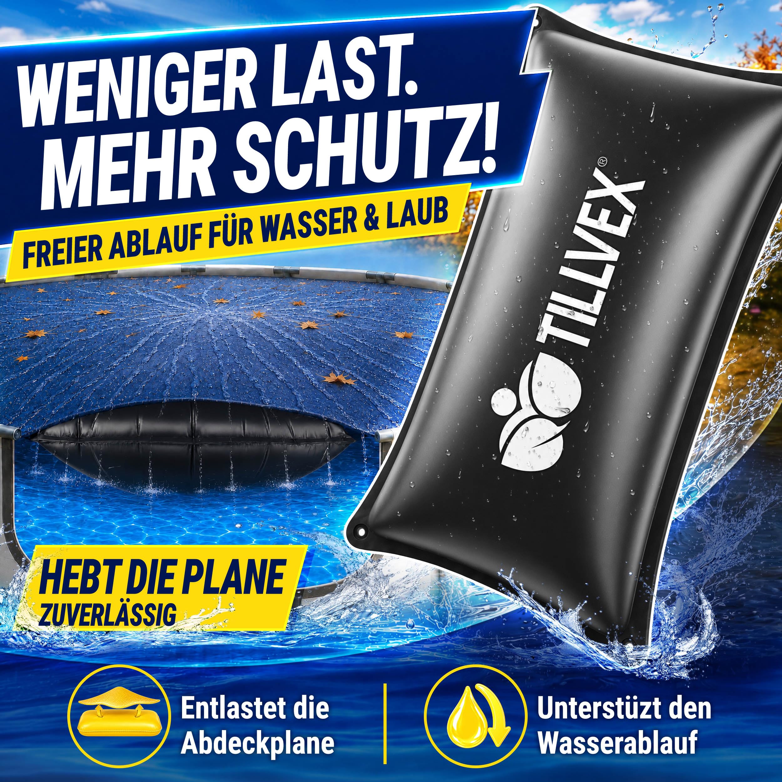tillvex® Poolkissen Winter XXL 2x4m rechteckig + 12m Seil & Reparaturkit | Luftkissen zur Poolabdeckung frost- & chlorbeständig bis -20°C | Winterkissen inkl. Schraubventil | Kissen Überwinterung Pool