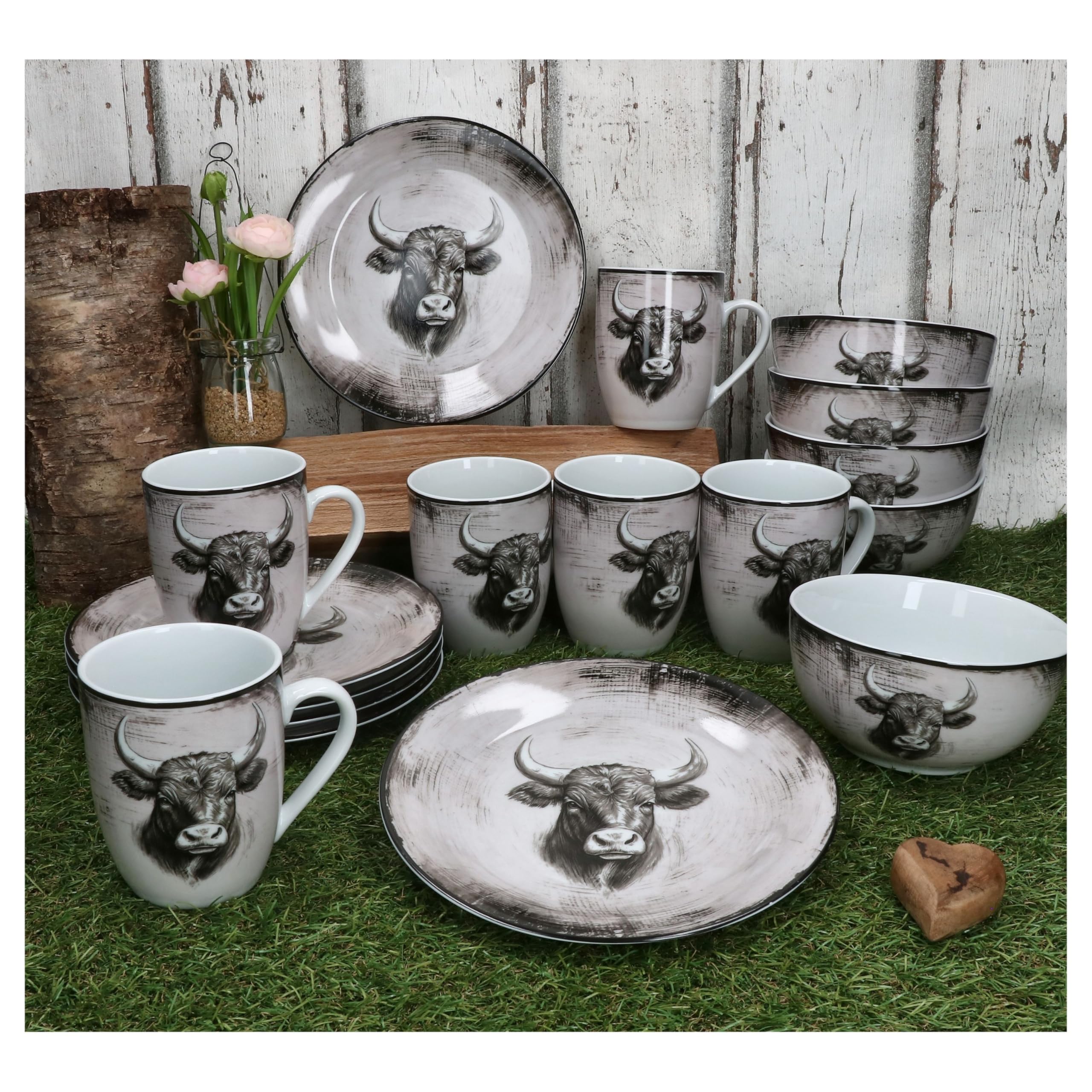 MamboCat Toro 18tlg Frühstücksset I Porzellan-Geschirr mit Kuhmotiv für 6 Personen I je 6x Kaffeebecher 280 ml, Frühstücksteller & Müslischalen I rosa-cremefarbener Landhaus-Stil