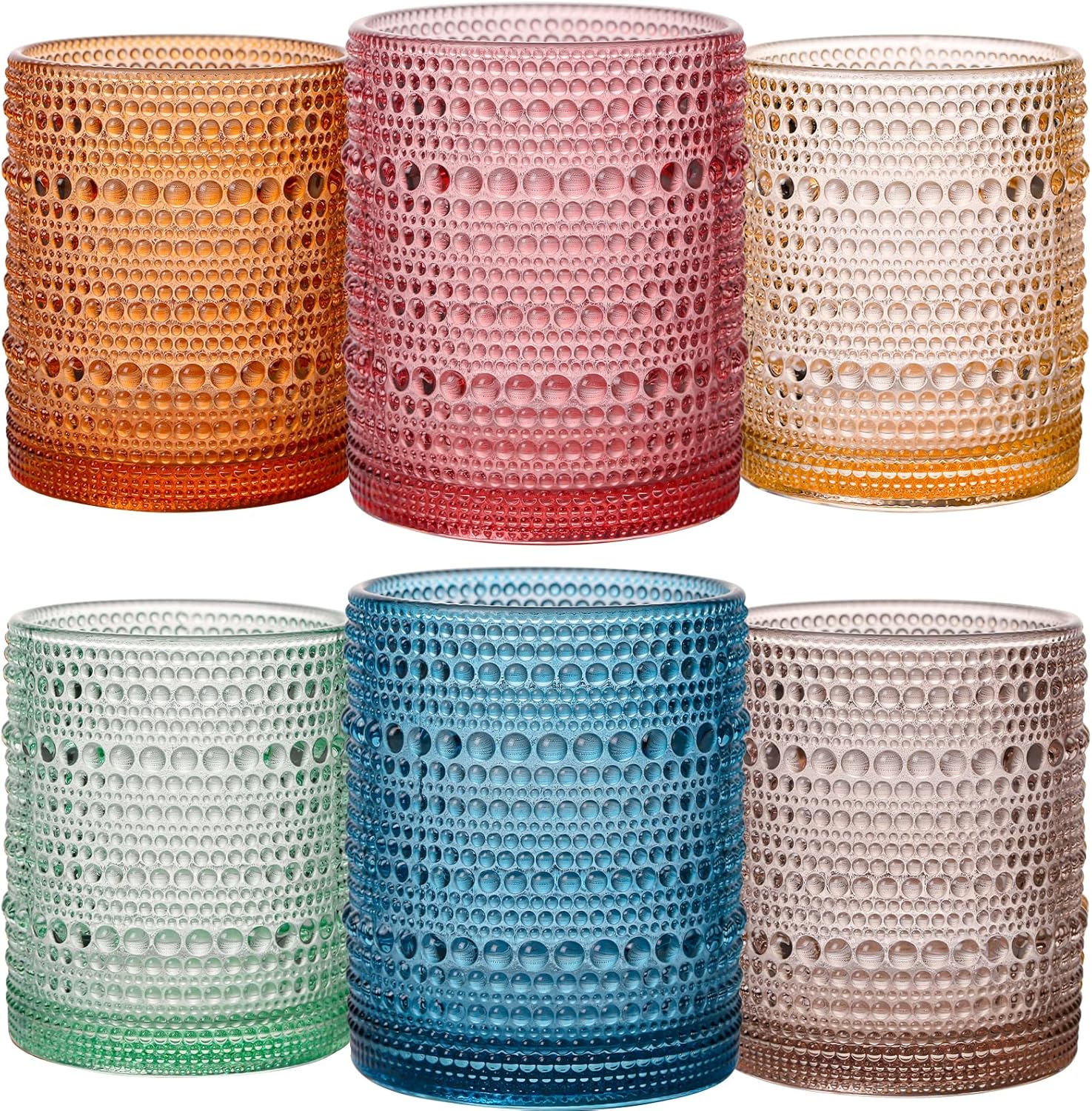 12 Oz Colored Beaded Hobnail Ribbed Tumblers - Set of 6 Vintage Embossed Glasses - Old Fashioned Drinking Glasses for Cocktail, Water, Wine