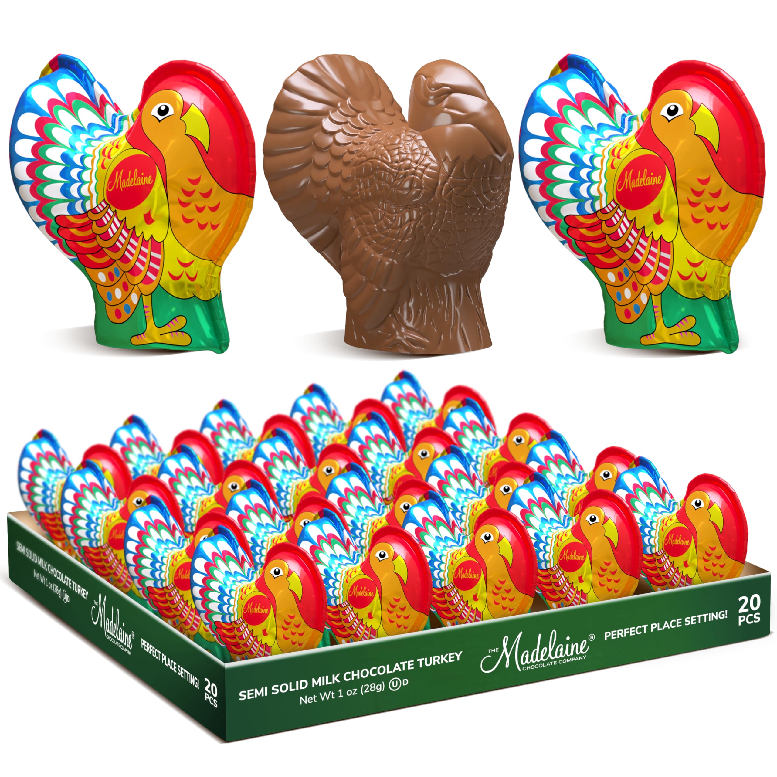 Madelaine Milk Chocolate Turkey Candy – 1 oz Foil-Wrapped Thanksgiving Chocolates – Fun Fall Holiday Treats & Décor – 20 Pack Individually Wrapped Turkeys