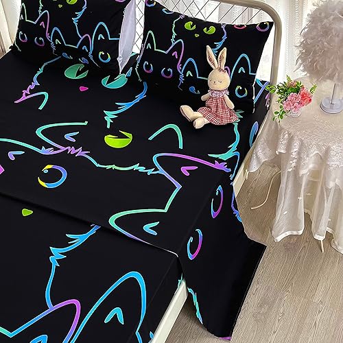 Miniatura 4 de BailiPromise Lindo juego de sábanas de dibujos animados de gatos, tamaño individual, sábanas Kawaii con diseño de animales de trazos simples con
